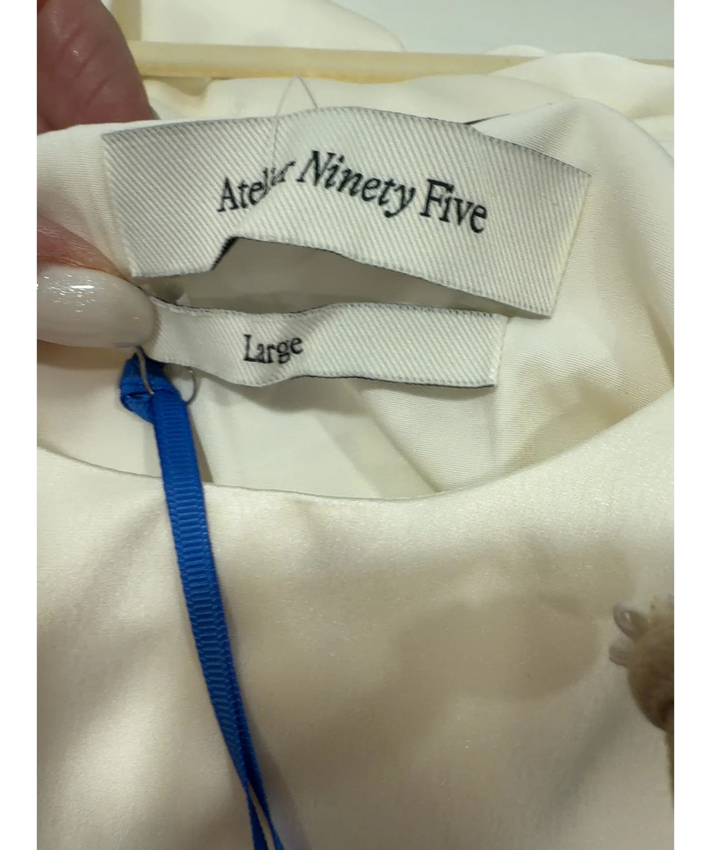 ATELIER NINETY FIVE Cream Bubble Hem Sleeveless Satin Top Cream, size UK L — care label