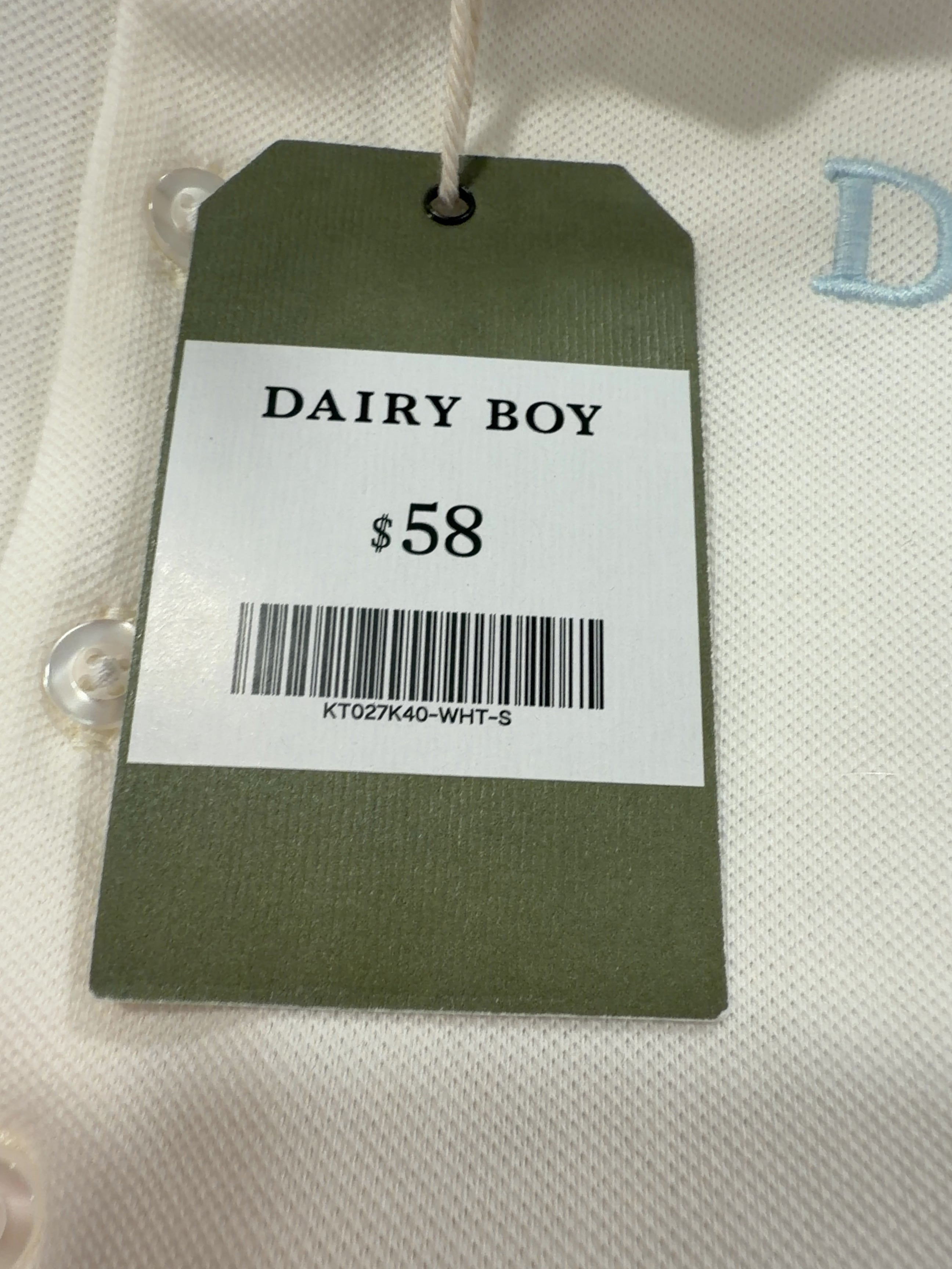 Dairy Boy White Baby Polo Soft White, size UK S — care label