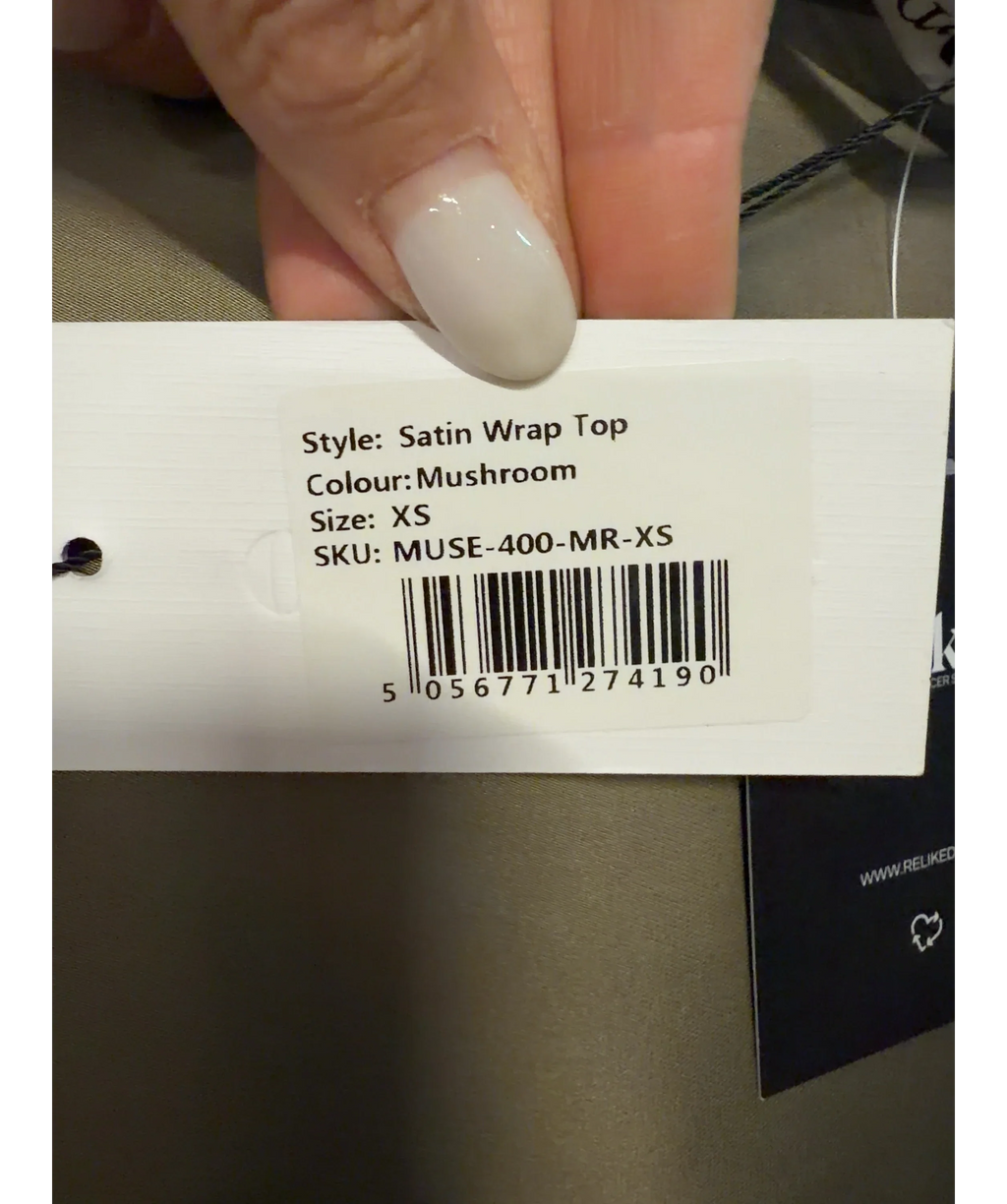 ODD MUSE Satin Wrap Top Mushroom Beige UK XS — Materials