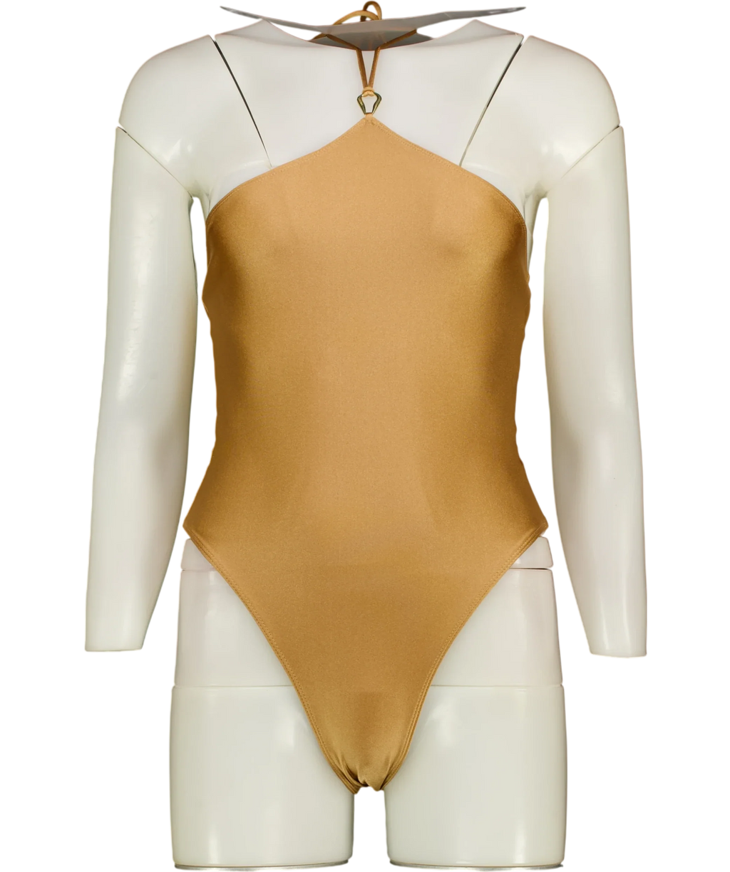 CULTIRA Beige Gold Halter O-Ring One Piece Swimsuit, size UK S — front