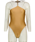 CULTIRA Beige Gold Halter O-Ring One Piece Swimsuit, size UK S — front