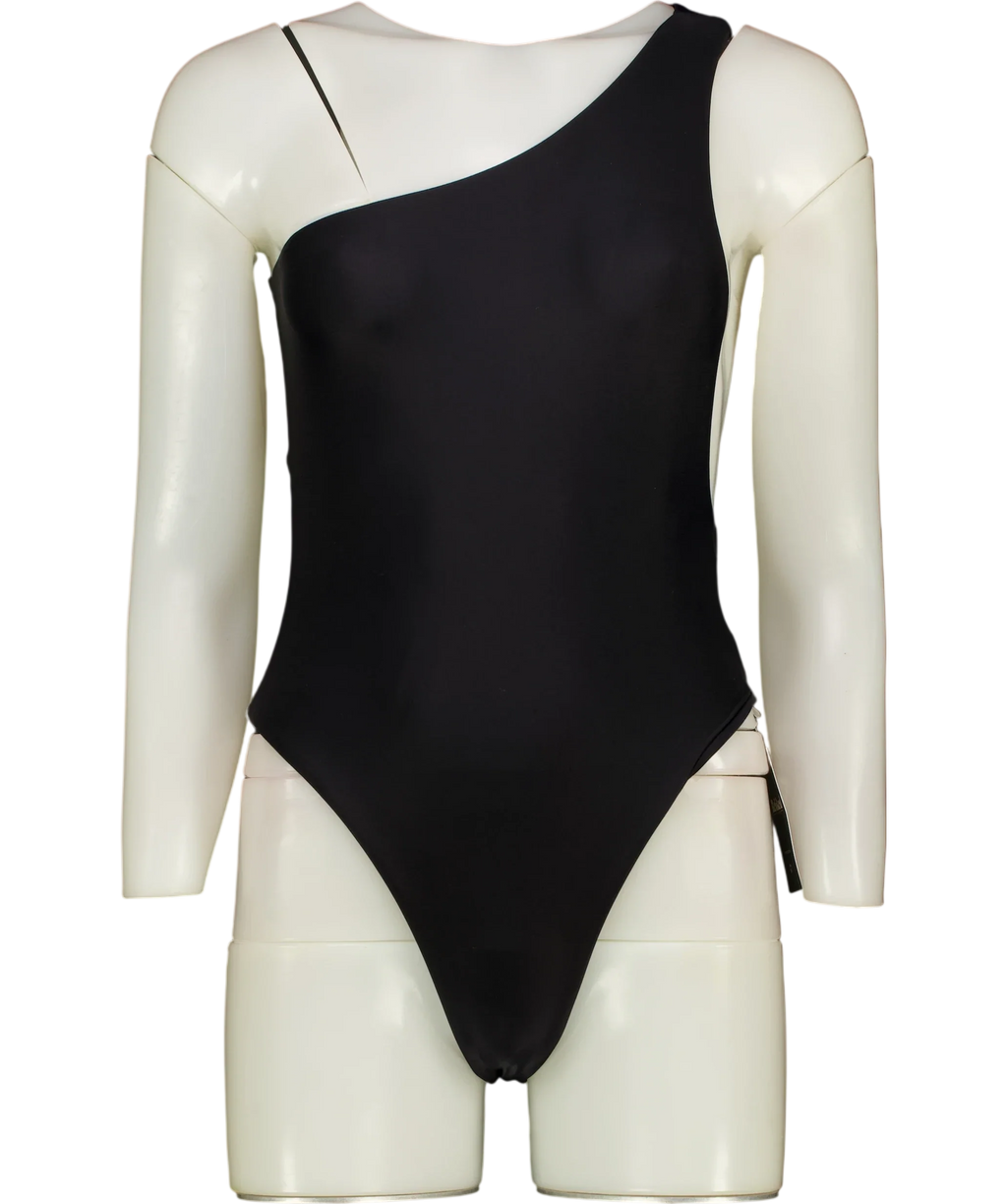 SWIM BY DI Black Black Pegeia Asymmetrical One-Piece Swimsuit, size UK S — front