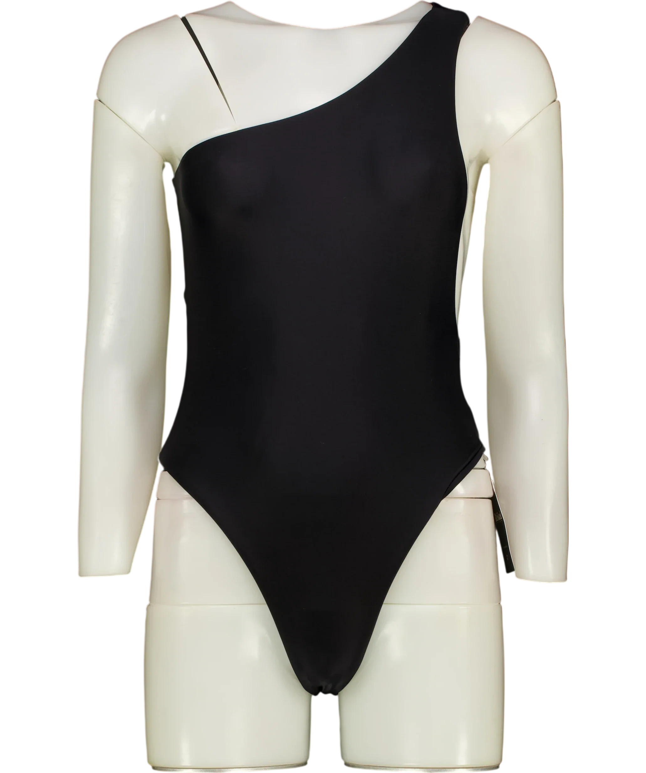 SWIM BY DI Black Black Pegeia Asymmetrical One-Piece Swimsuit, size UK S — front