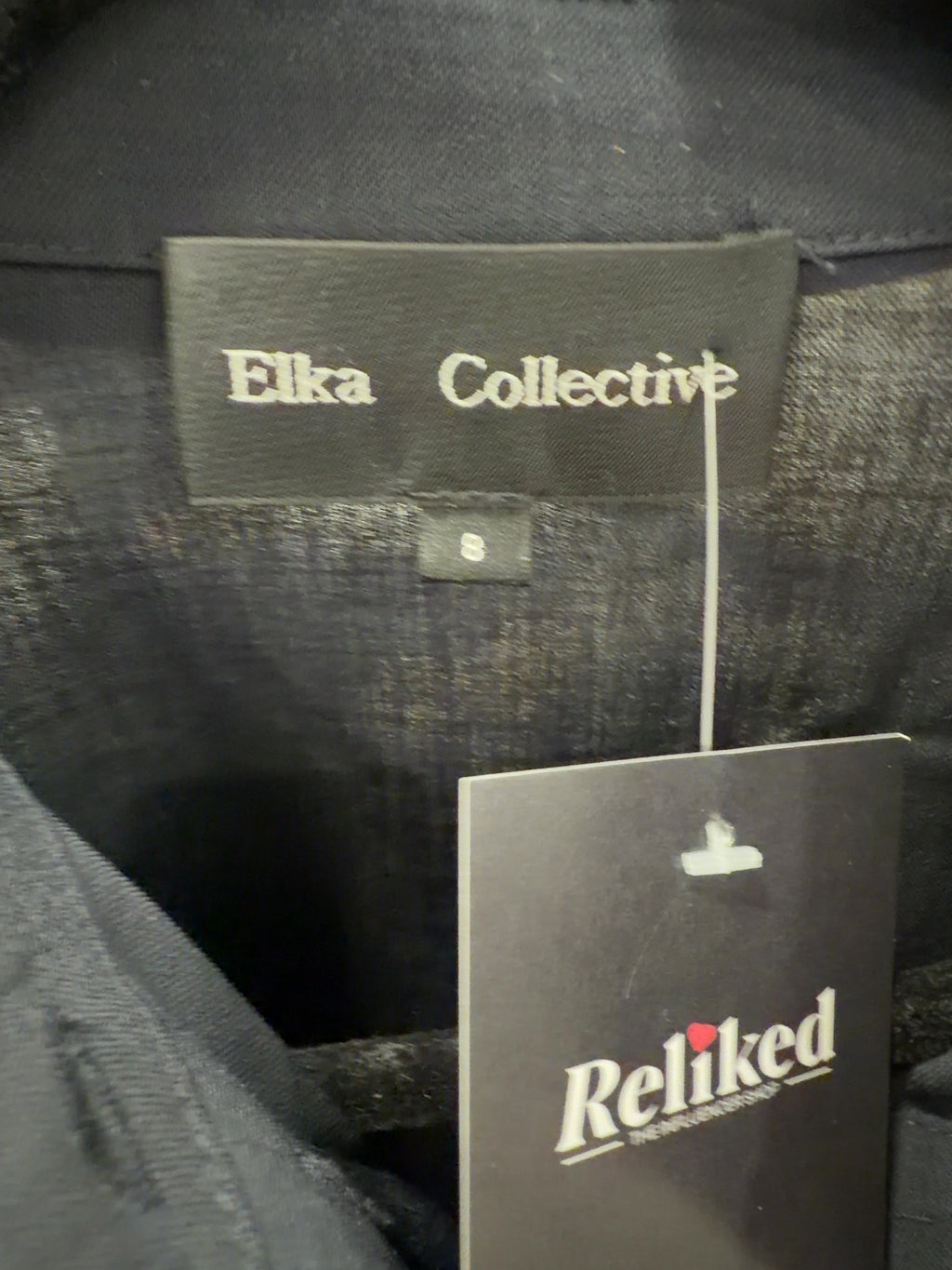 Elka Collective Black Miller Long Sleeve Shirt Midnight Ink, size UK 8 — care label