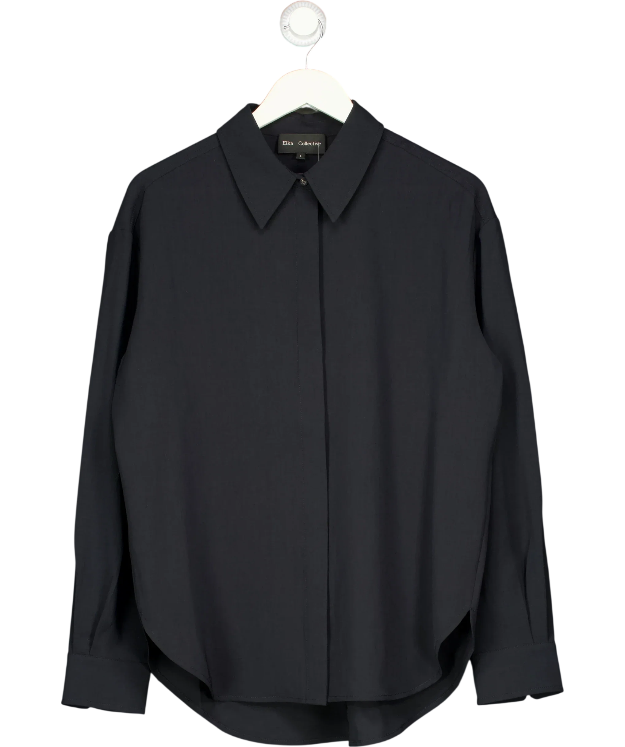 Elka Collective Black Miller Long Sleeve Shirt Midnight Ink, size UK 8 — front