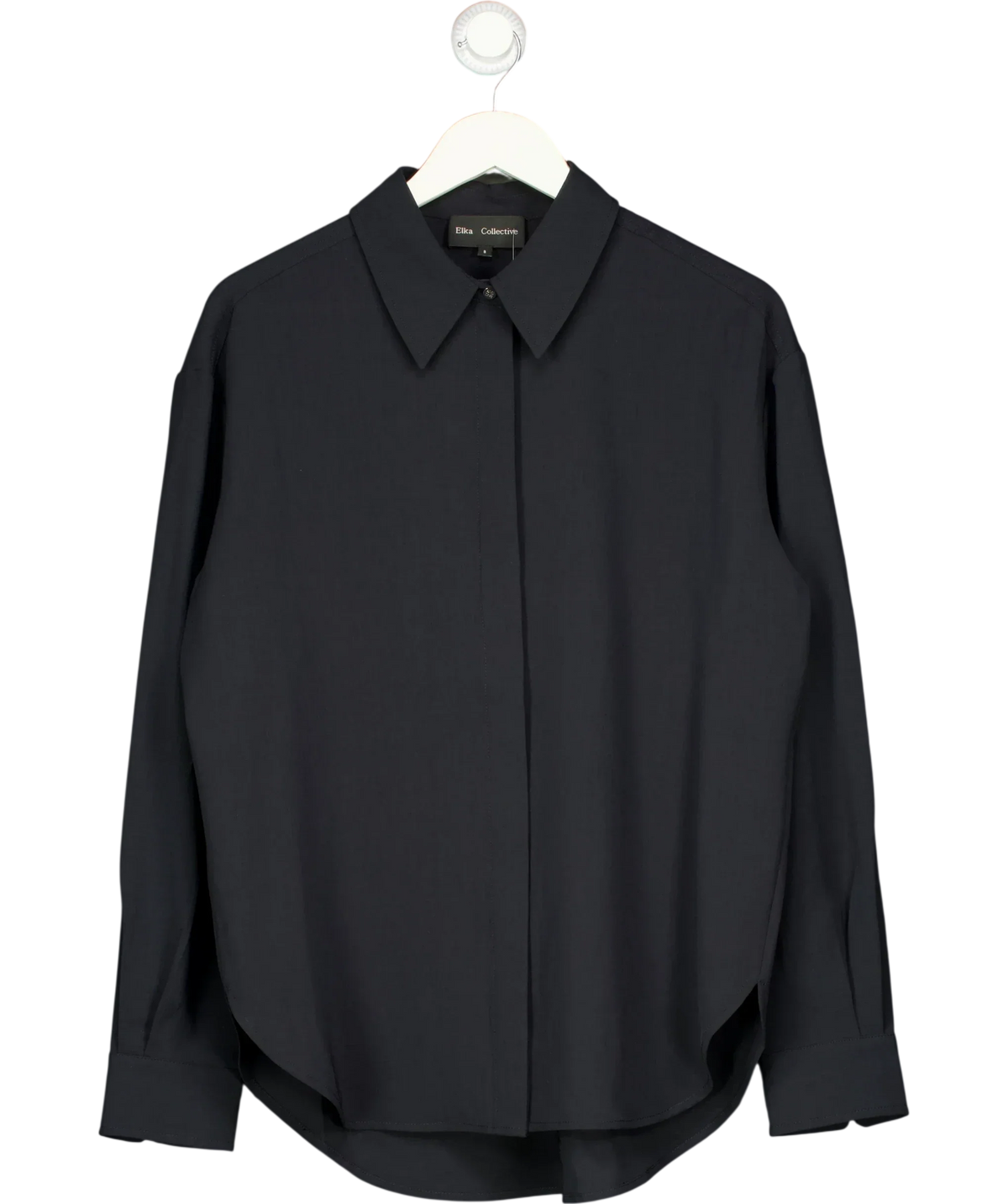 Elka Collective Black Miller Long Sleeve Shirt Midnight Ink, size UK 8 — front