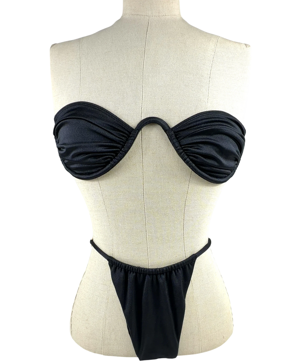 CULTIRA Black ruched U-wire strapless bandeau bikini  set, size UK S — front