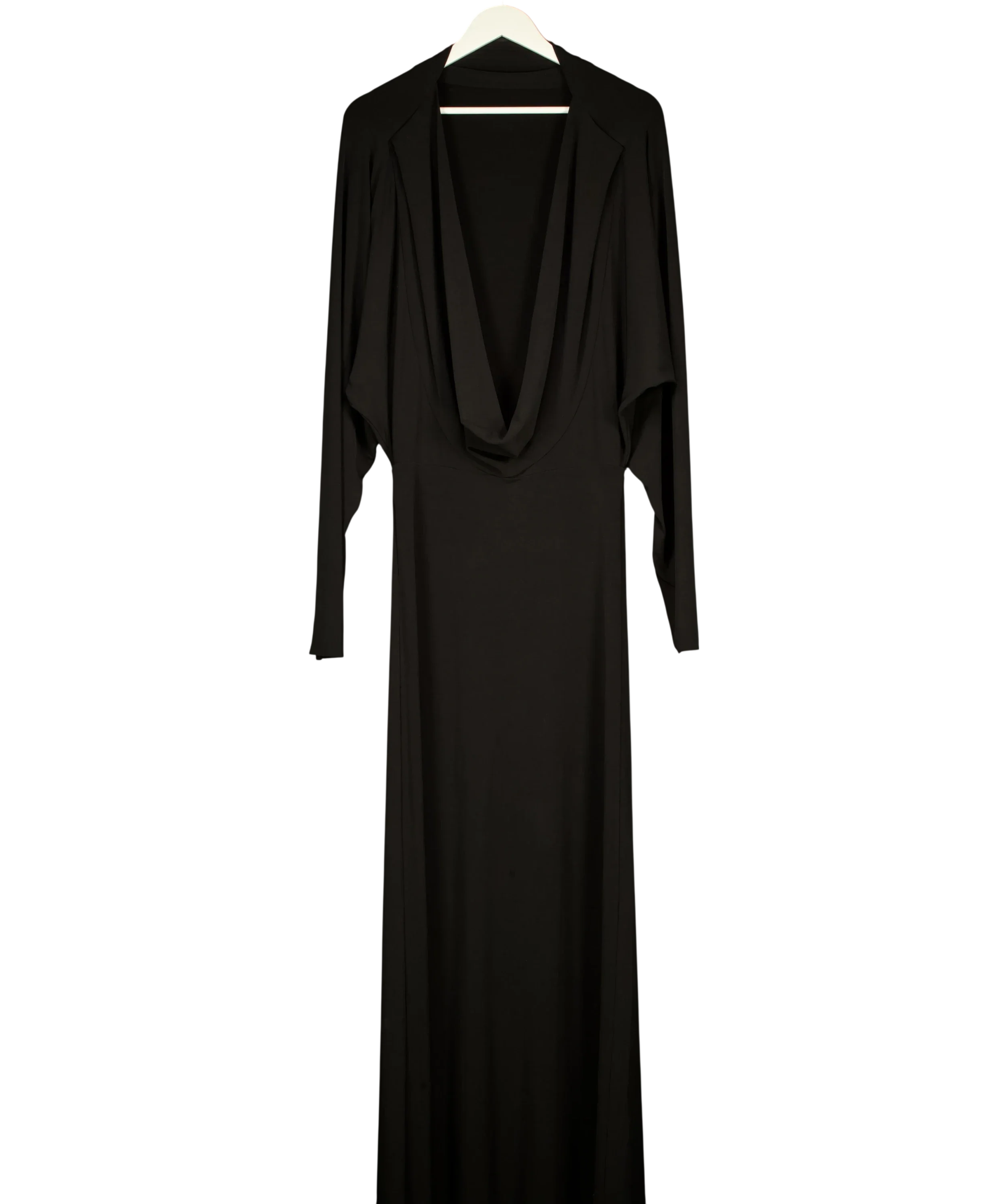 Misha Black Black Long Sleeve Cowl Back Maxi Dress, size UK M — front