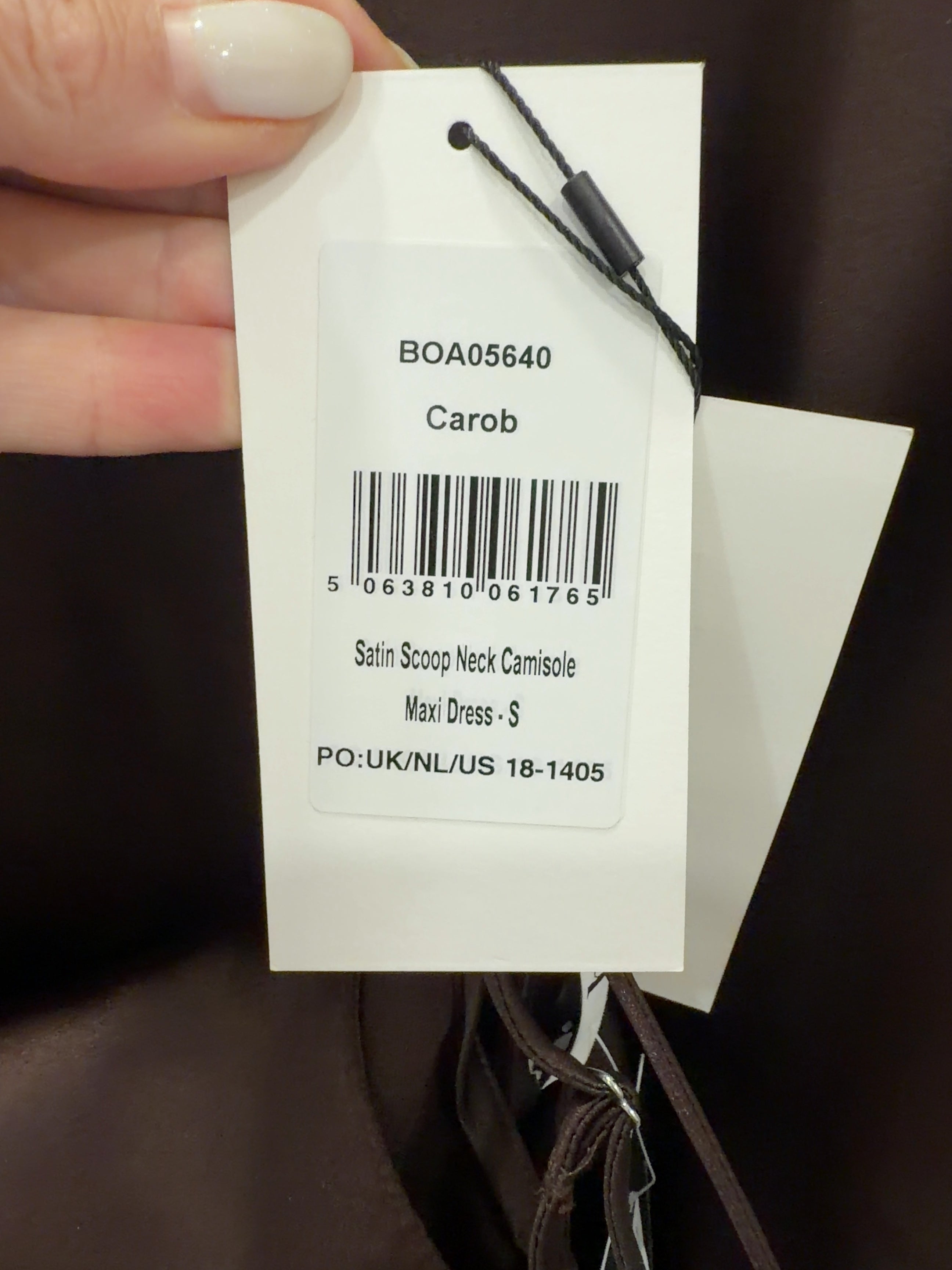 BOA Brown Satin Scoop Neck Camisole Maxi Dress Carob, size UK S — care label