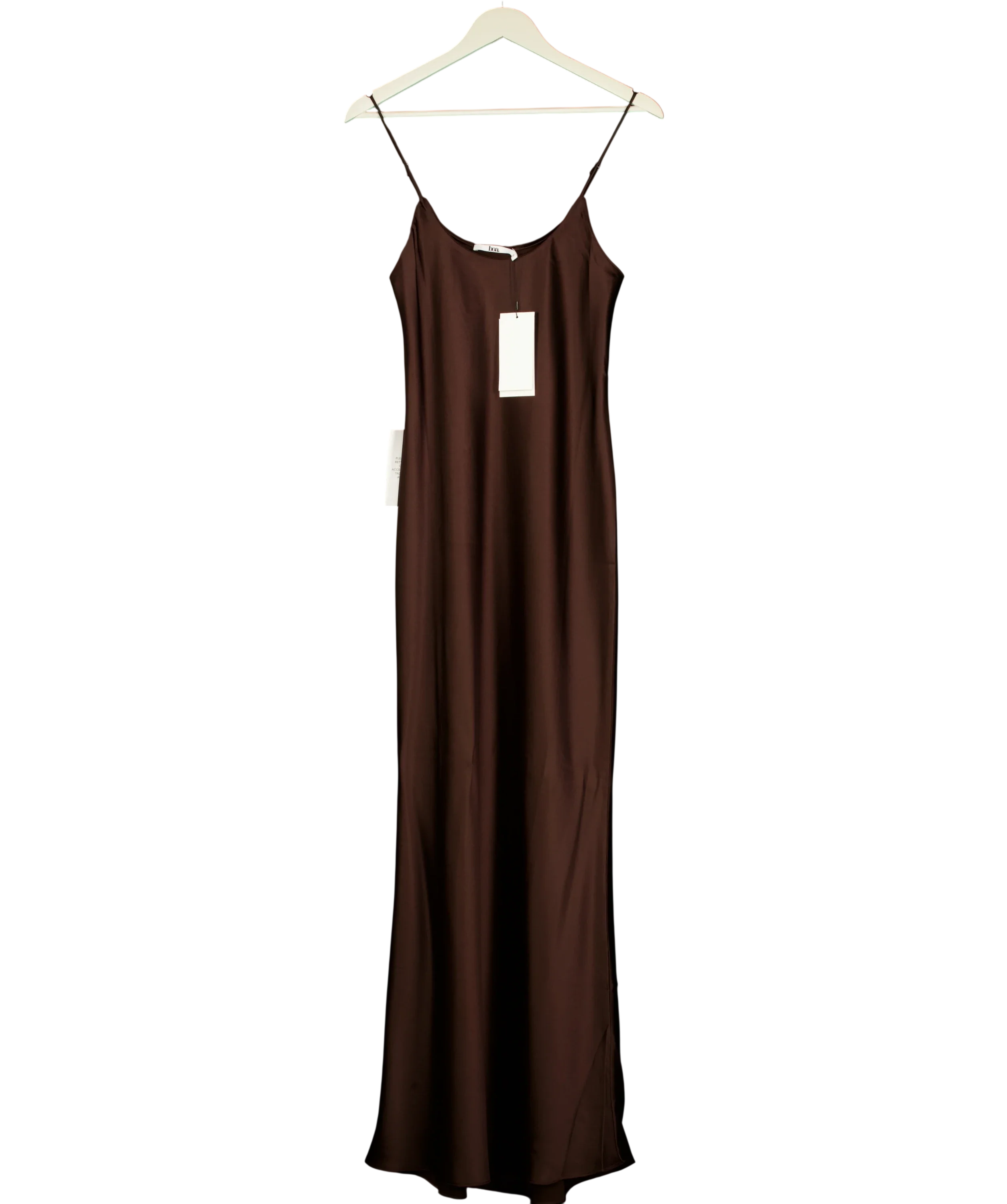 BOA Brown Satin Scoop Neck Camisole Maxi Dress Carob, size UK S — front