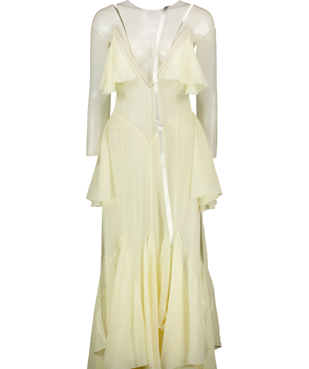EFOTLEZ LONDON Yellow Silk-Blend Ruffled Deep V-Neck Maxi Dress PALE Yellow, size UK XS — front