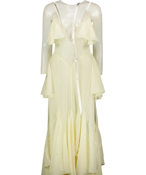 EFOTLEZ LONDON Silk-blend Ruffled Deep V-neck Maxi Dress Pale Yellow UK XS