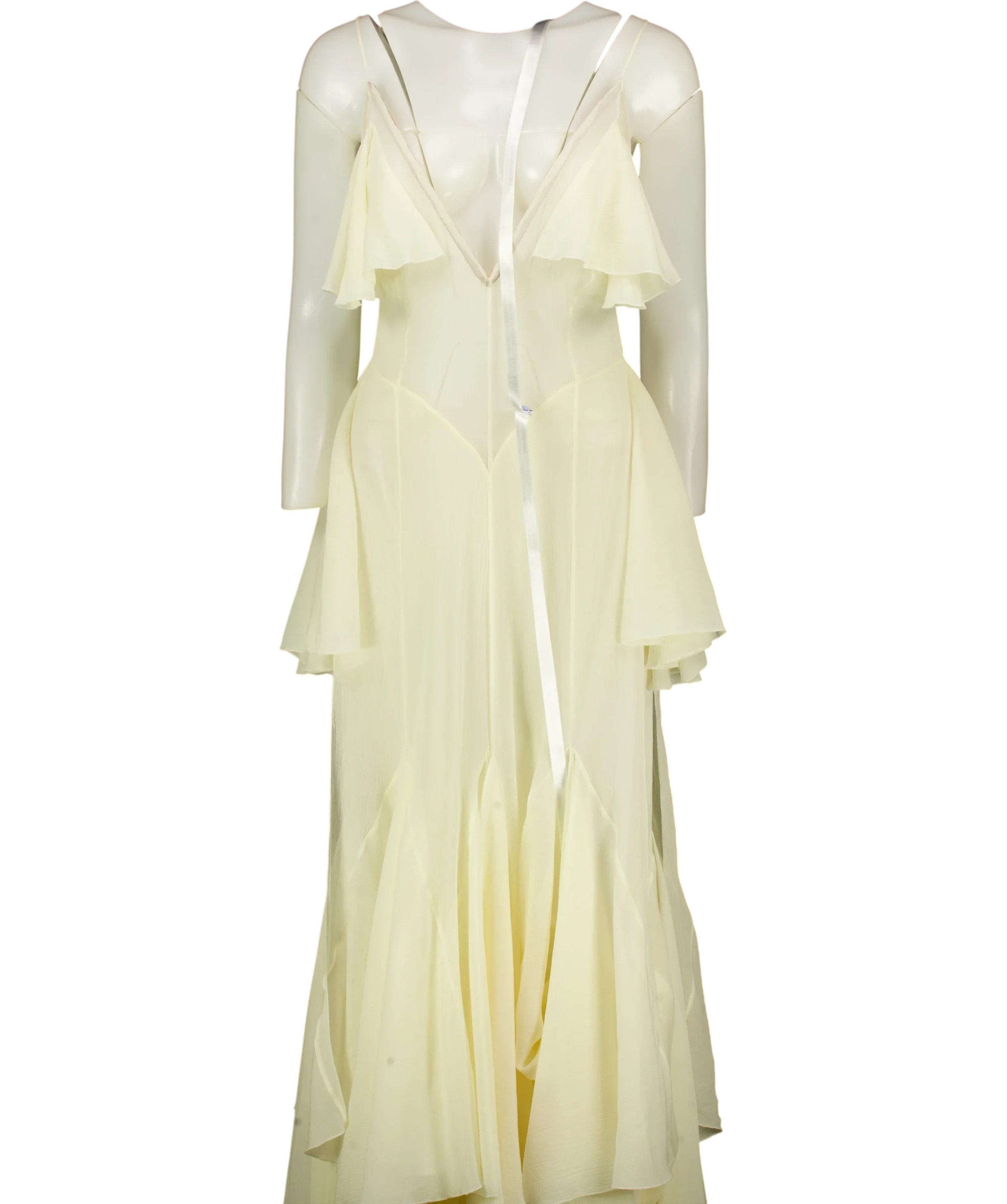 EFOTLEZ LONDON Yellow Silk-Blend Ruffled Deep V-Neck Maxi Dress PALE Yellow, size UK XS — front