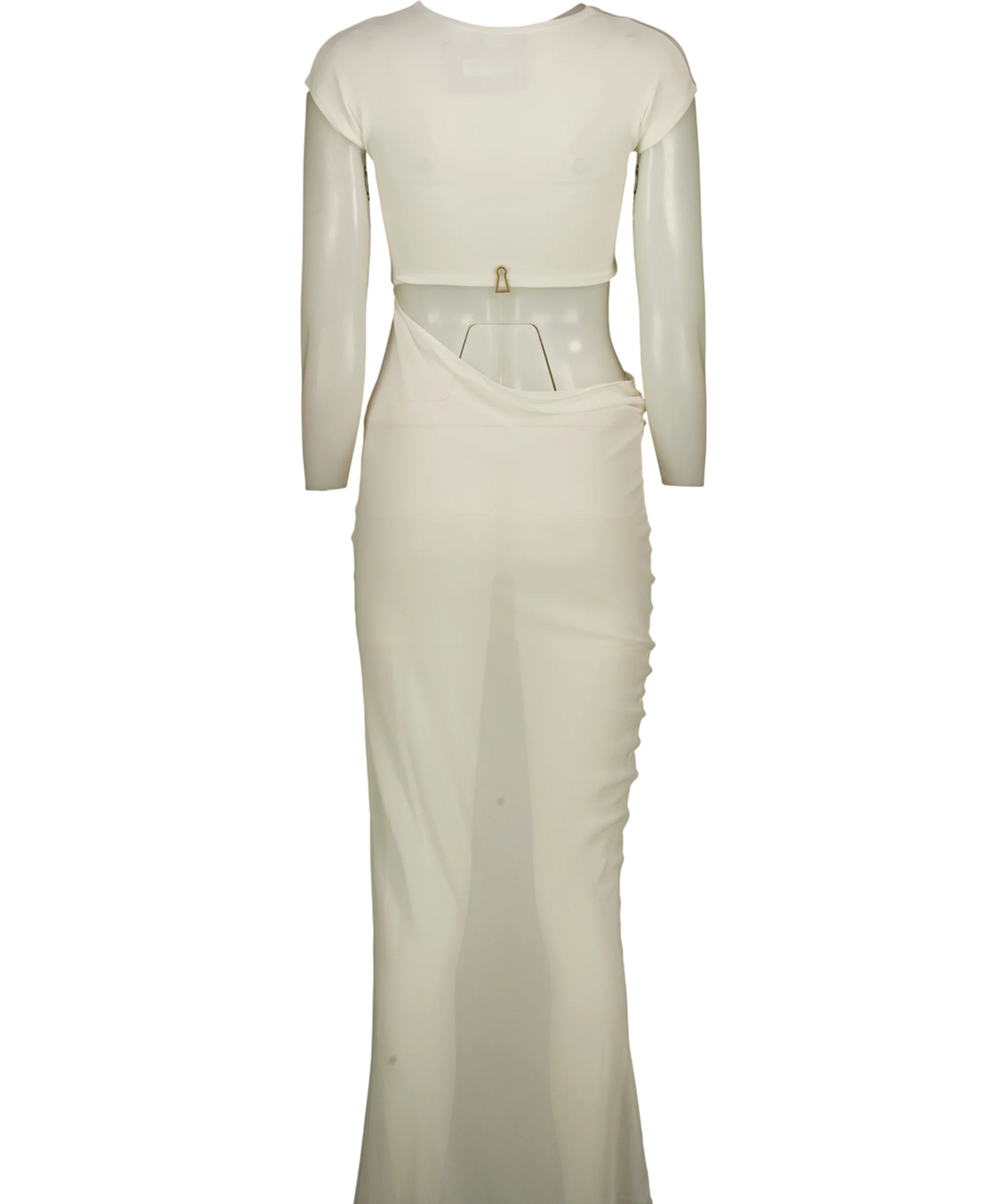 BIANCA White Cutout Jersey and Mesh Maxi Dress, size UK S — back