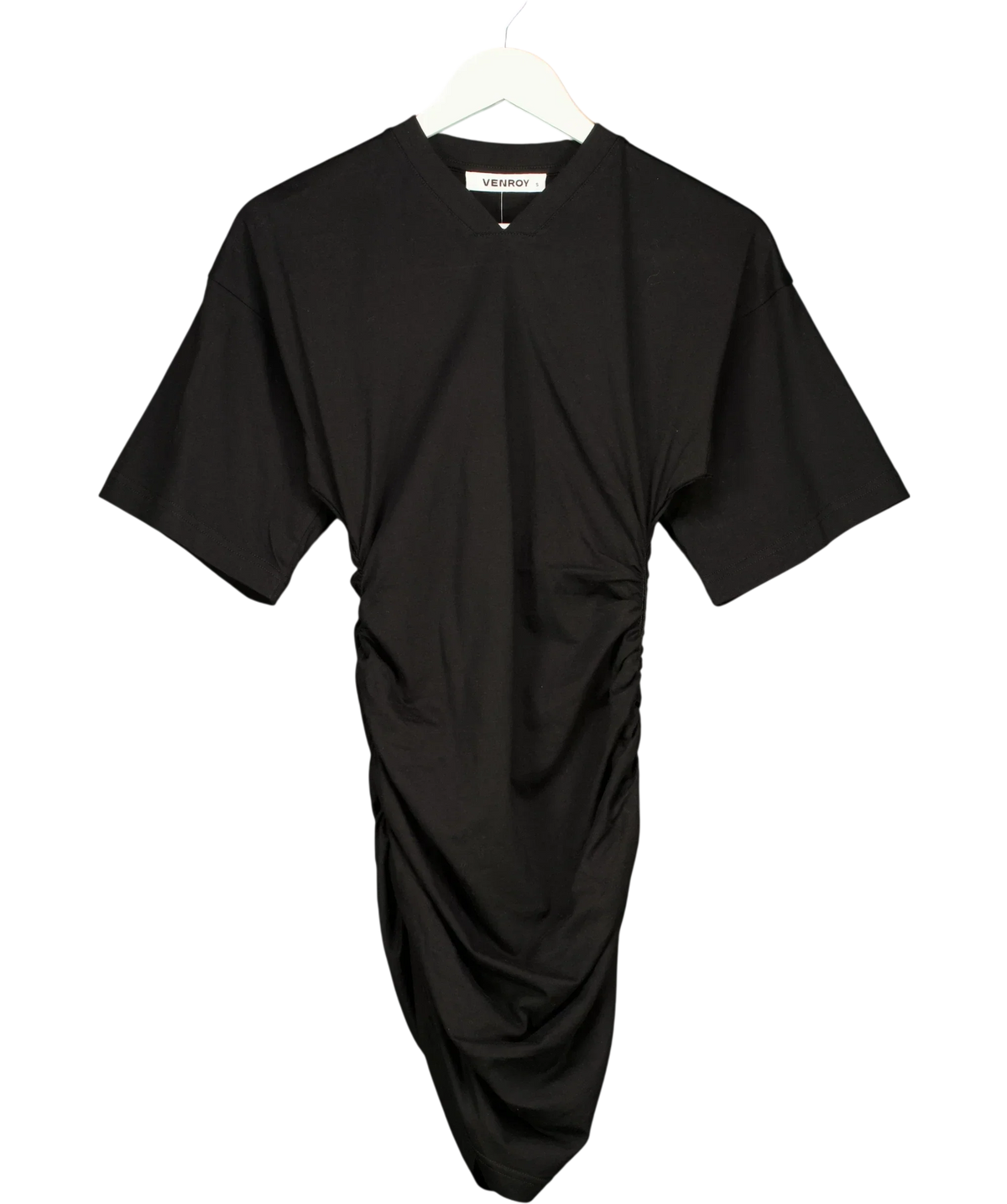VENROY Black Gathered T Shirt Mini Dress Black, size UK S — front