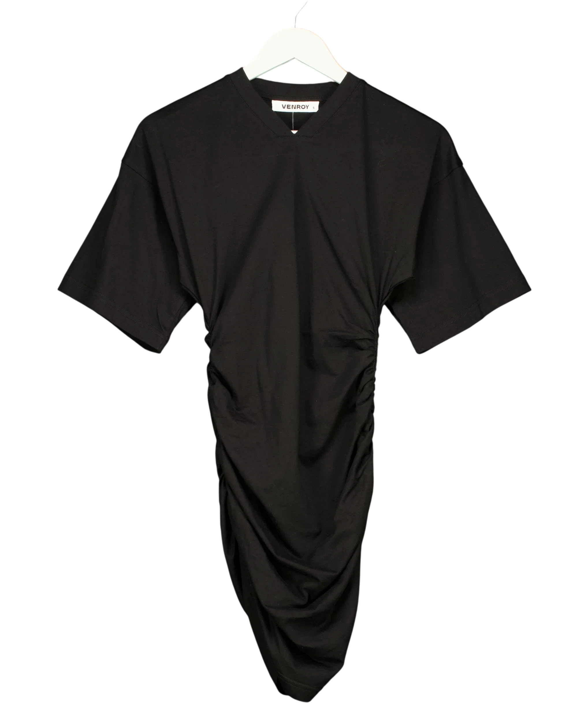 VENROY Black Gathered T Shirt Mini Dress Black, size UK S — front