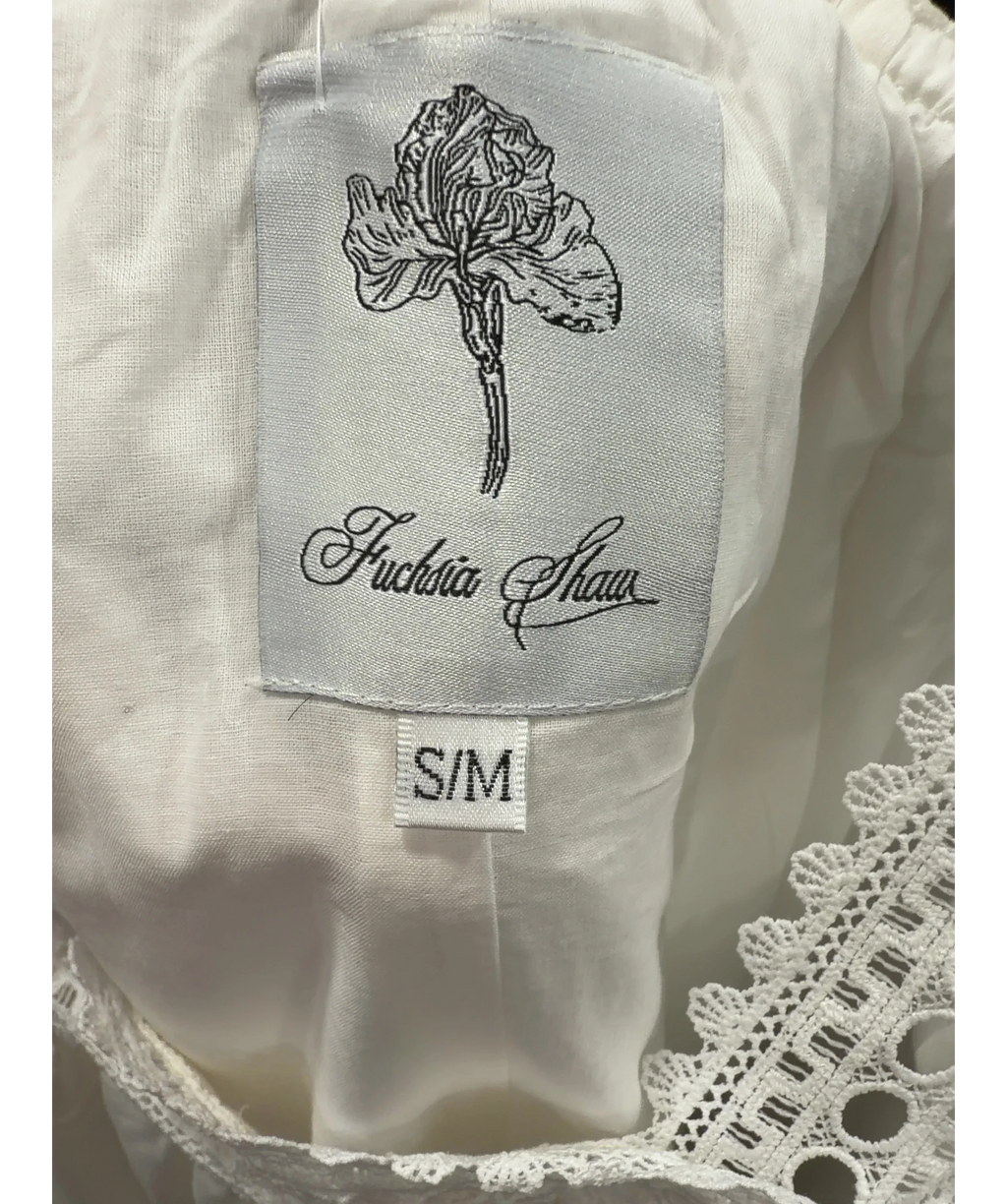 FUCHSIA SHAW White White Lace Trim midi Dress, size UK S/M — detail