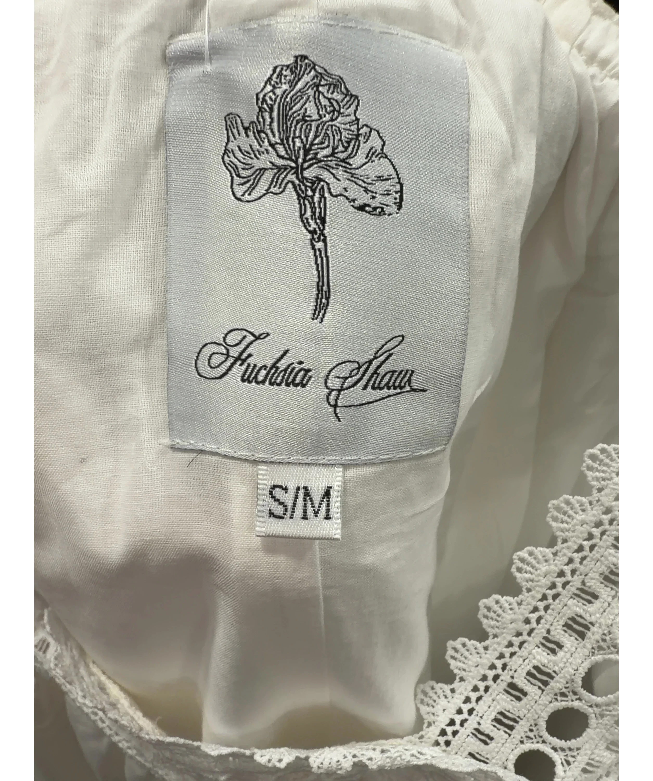 FUCHSIA SHAW White White Lace Trim midi Dress, size UK S/M — detail