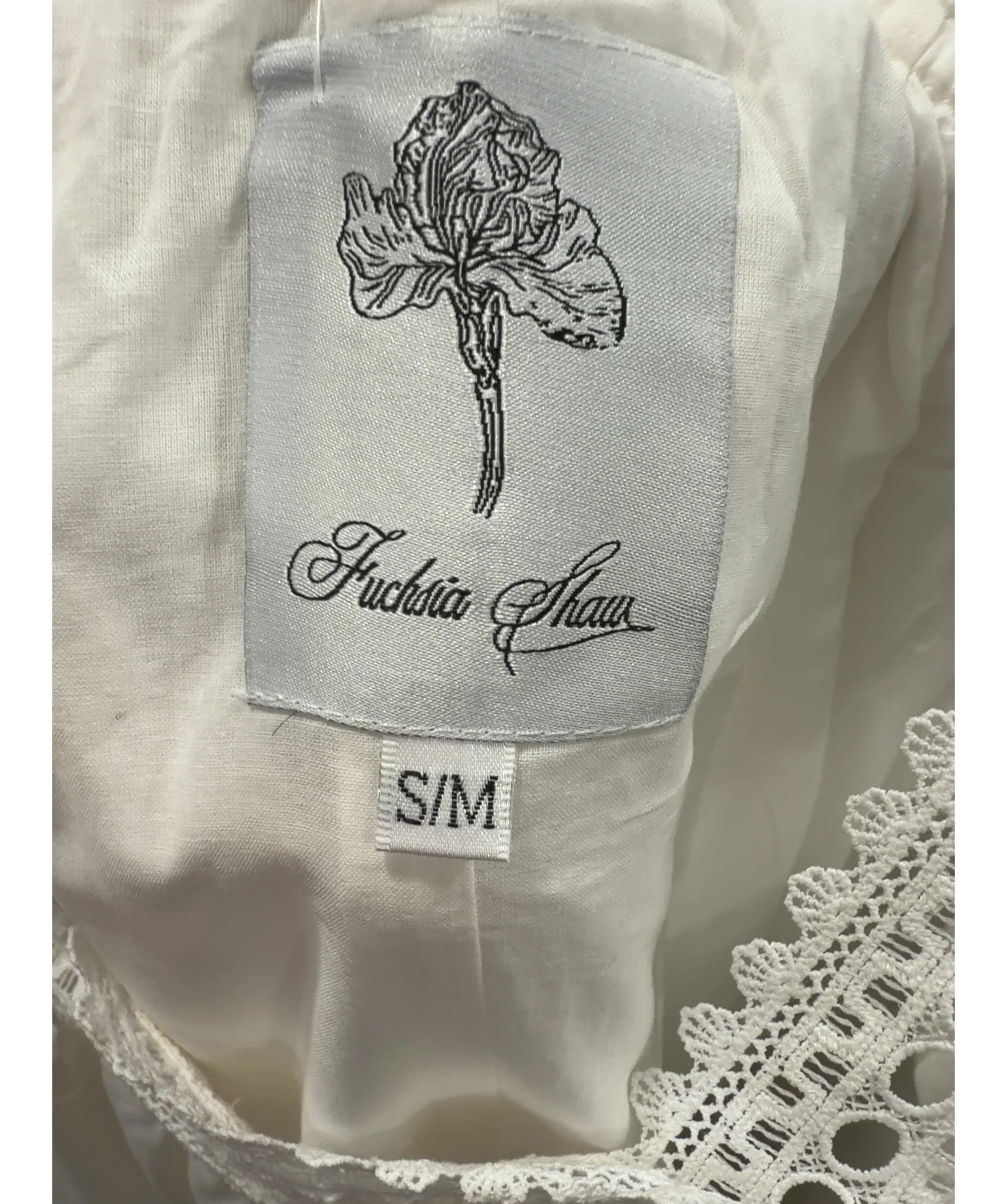FUCHSIA SHAW White White Lace Trim midi Dress, size UK S/M — care label