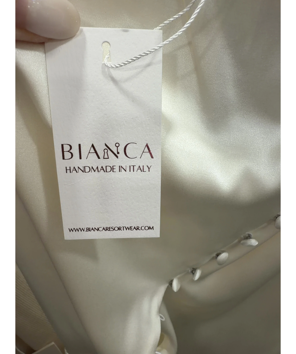 BIANCA Cream Bianca Cream Satin Asymmetric Draped Midi Dress, size UK S — detail