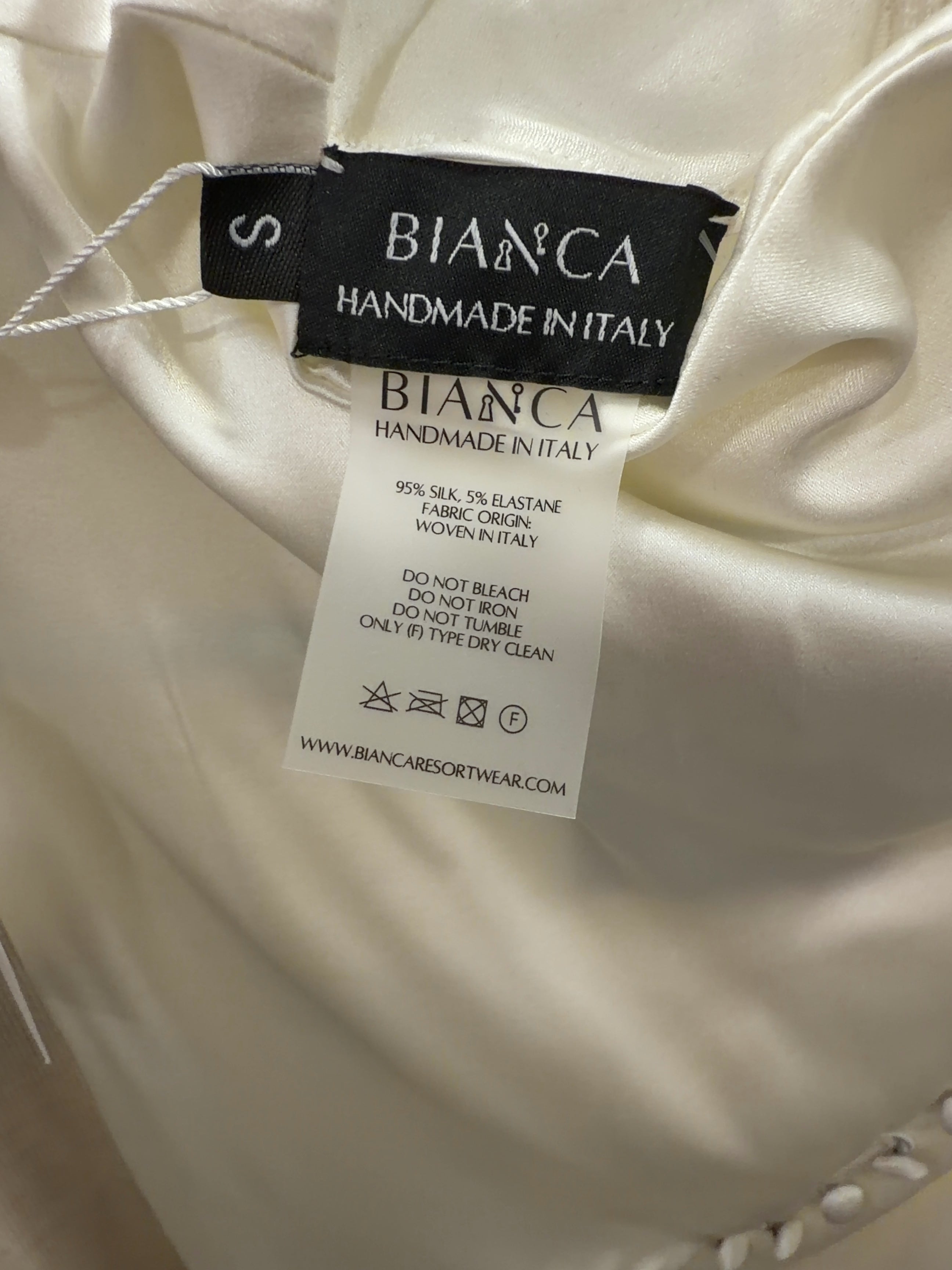 BIANCA Cream Bianca Cream Satin Asymmetric Draped Midi Dress, size UK S — label