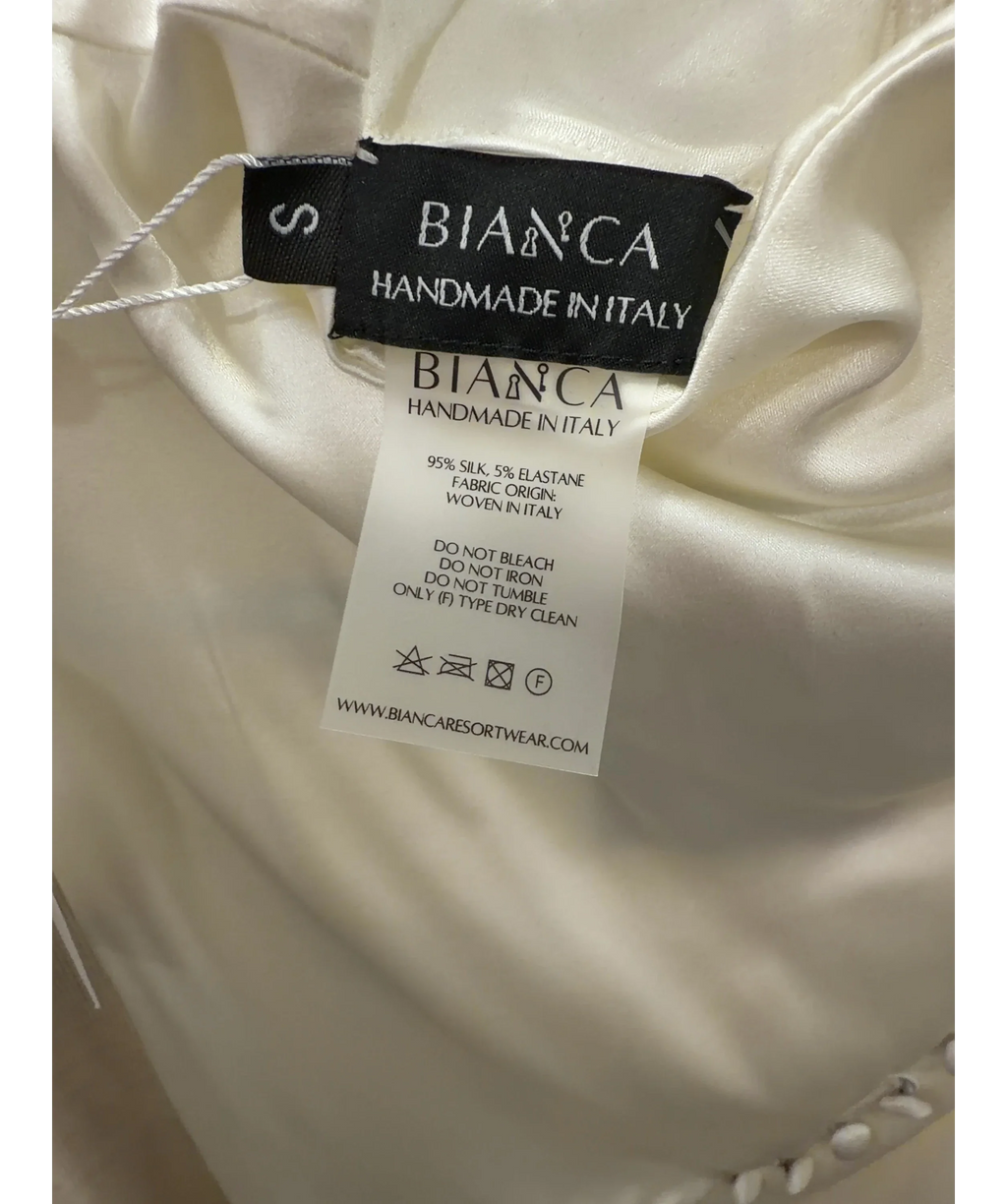 BIANCA Bianca Cream Satin Asymmetric Draped Midi Dress UK S — Materials