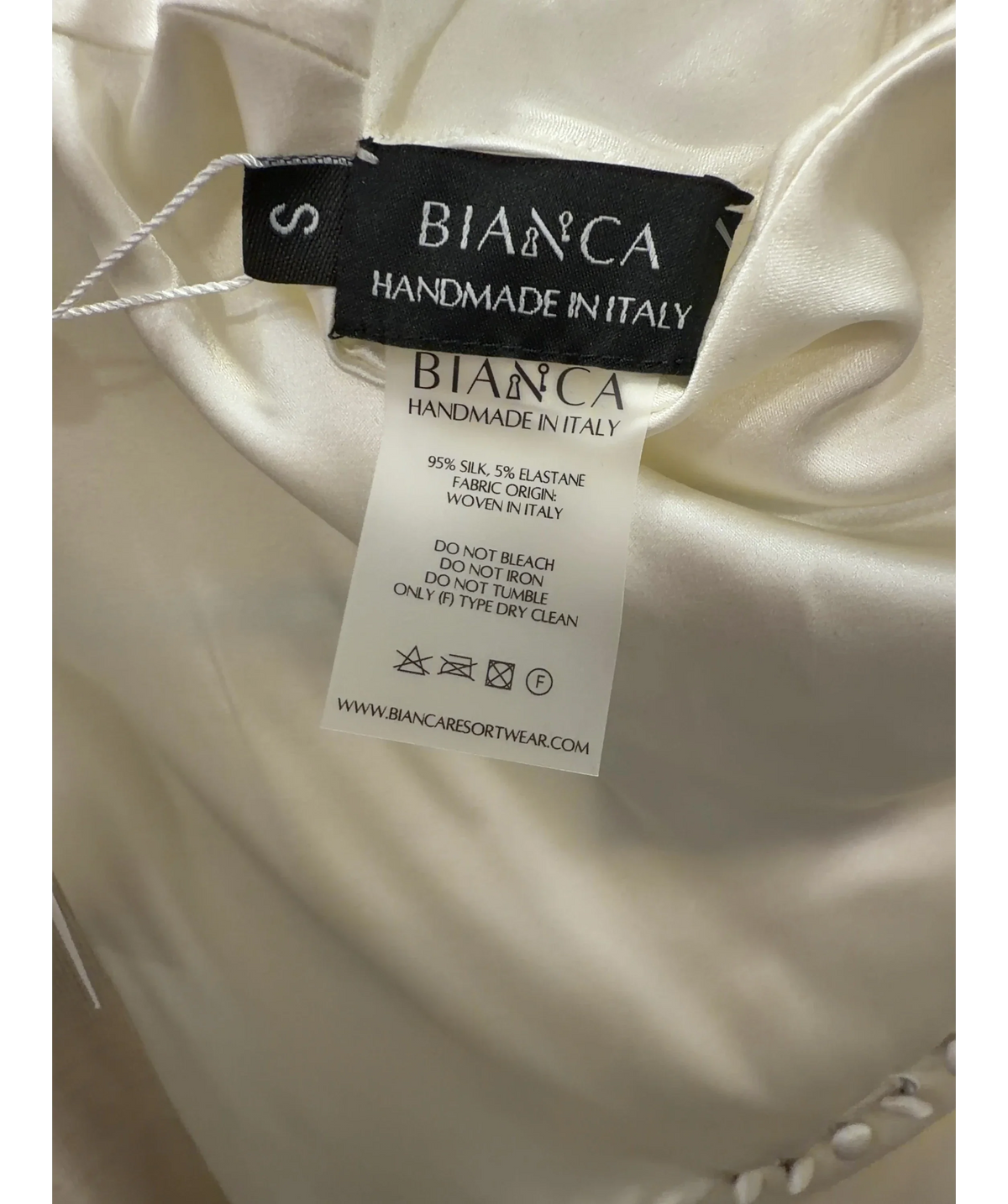BIANCA Bianca Cream Satin Asymmetric Draped Midi Dress UK S — Materials