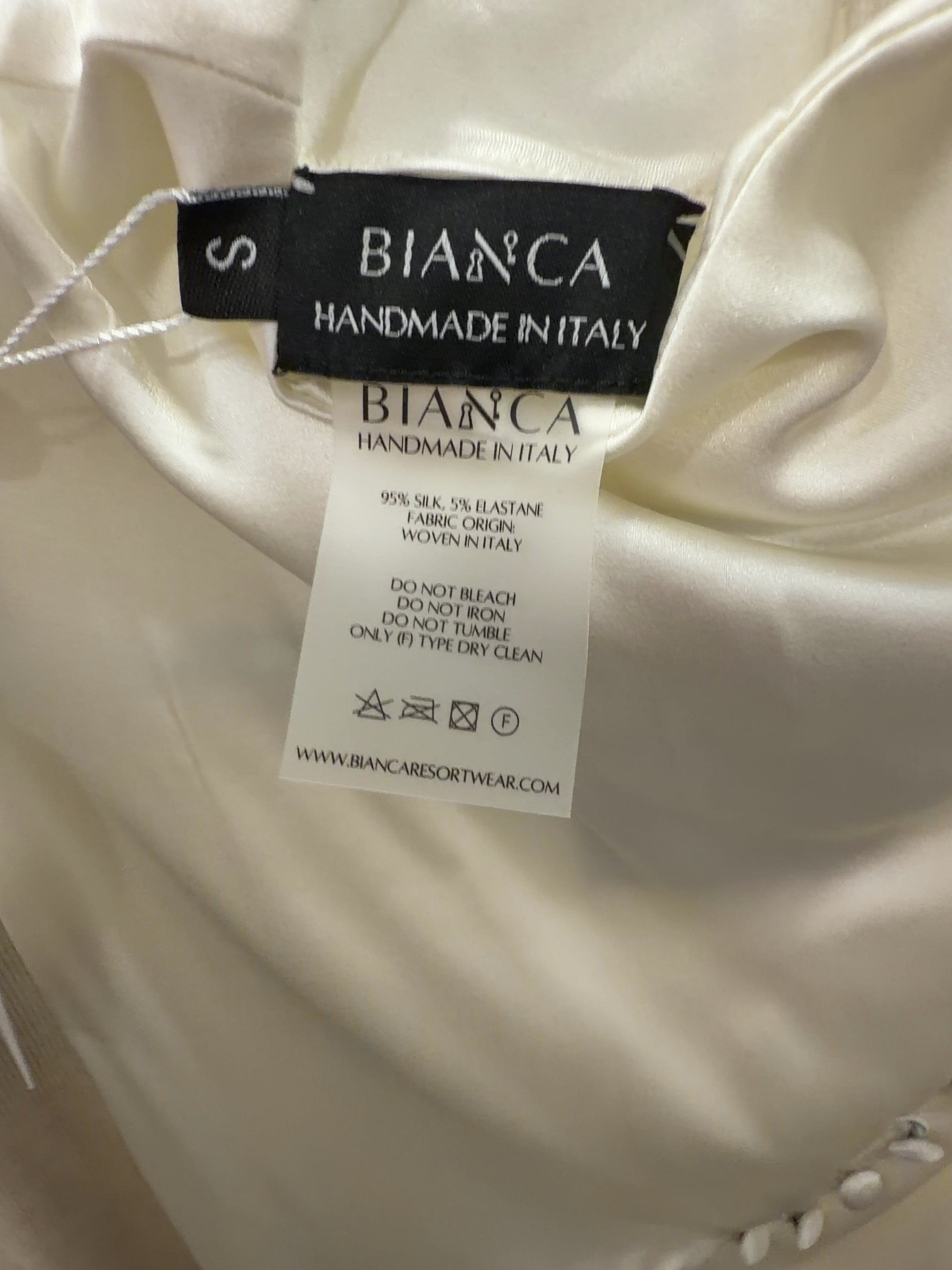 BIANCA Cream Bianca Cream Satin Asymmetric Draped Midi Dress, size UK S — care label