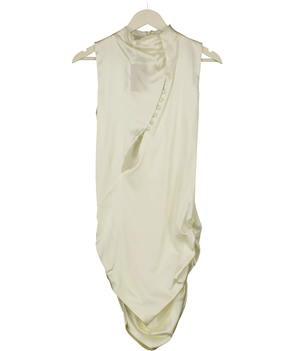 BIANCA Cream Bianca Cream Satin Asymmetric Draped Midi Dress, size UK S — front