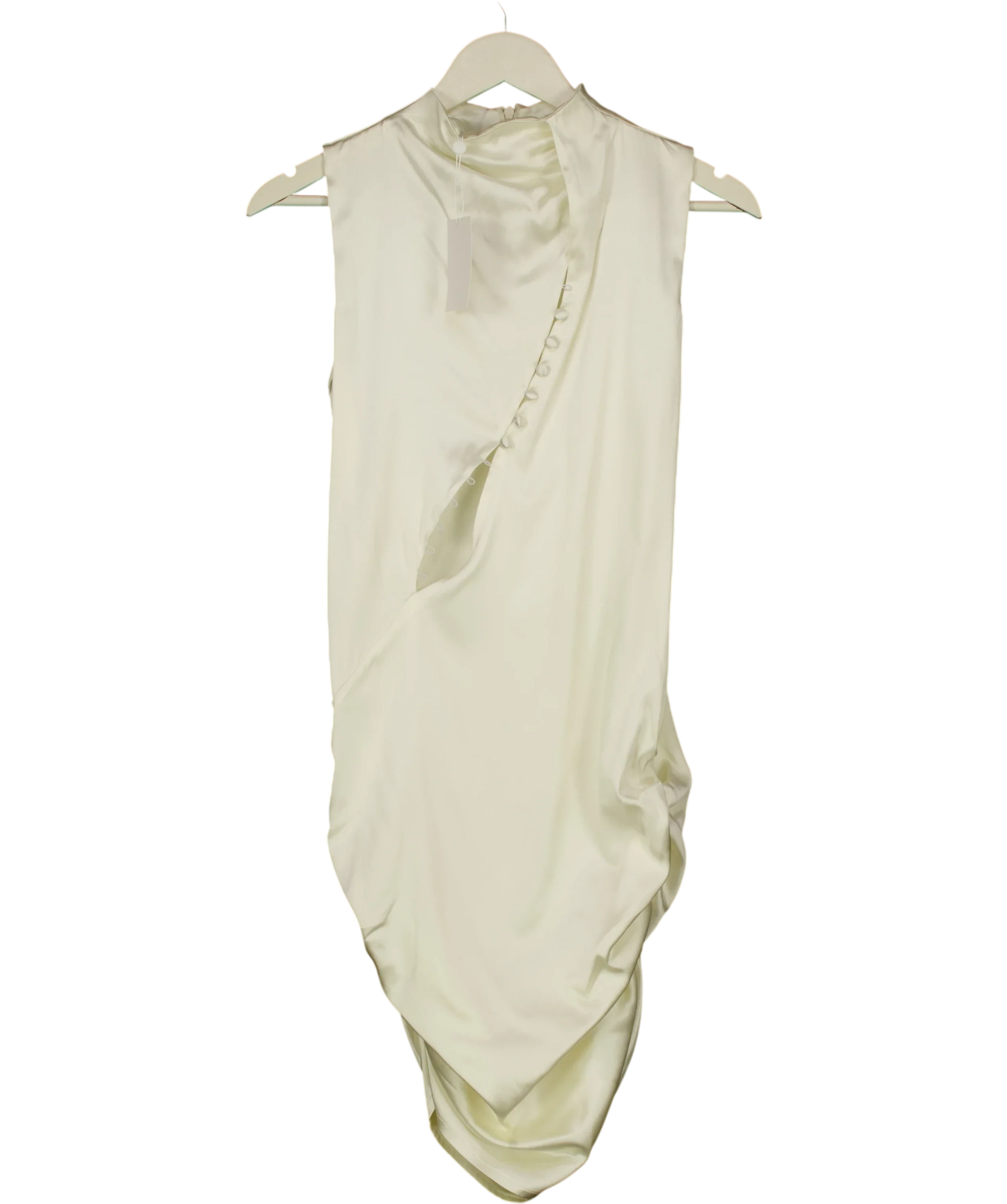 BIANCA Cream Bianca Cream Satin Asymmetric Draped Midi Dress, size UK S — front
