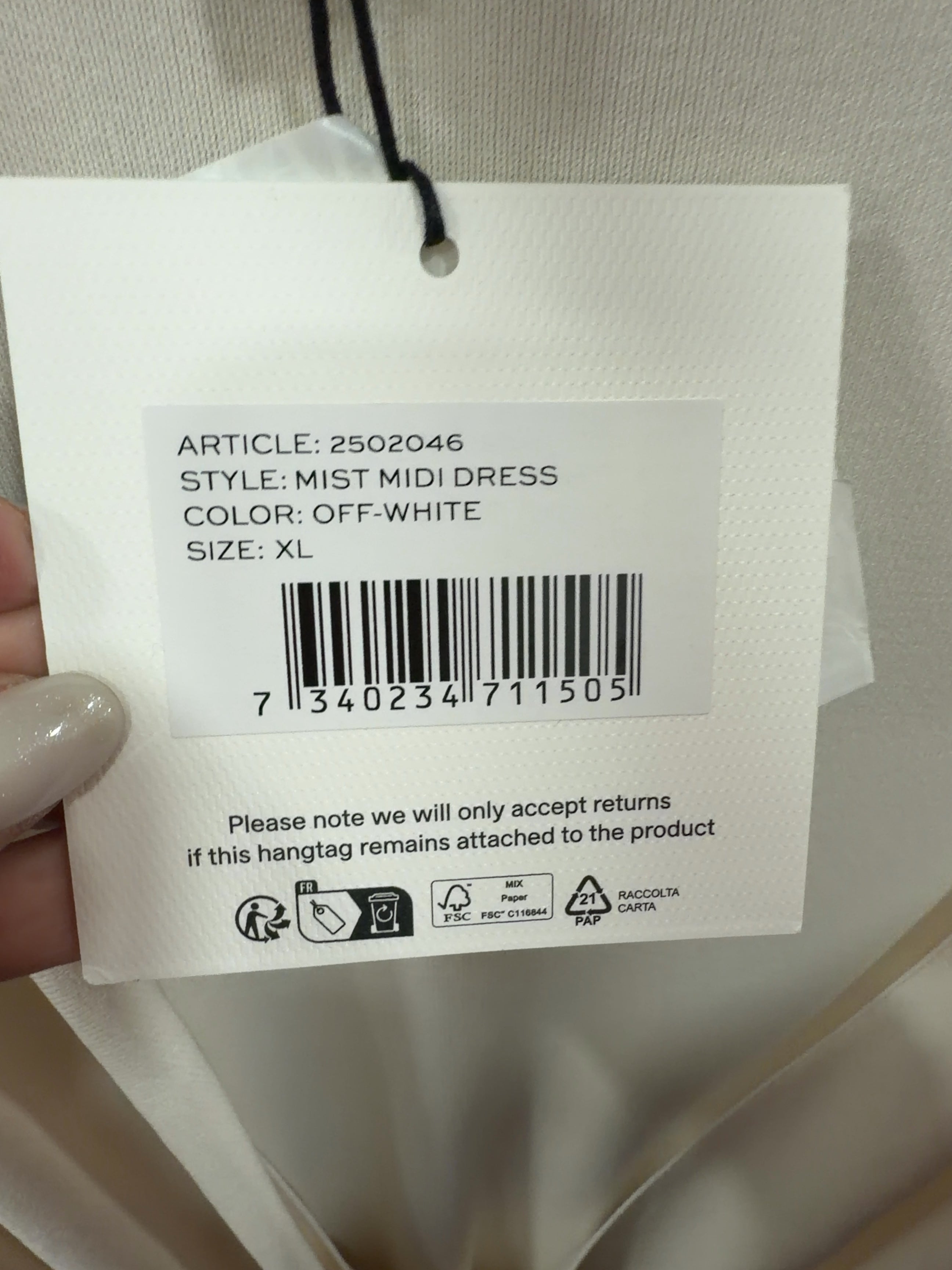 Arakii White Mist Midi Dress Off-White, size UK XL — care label