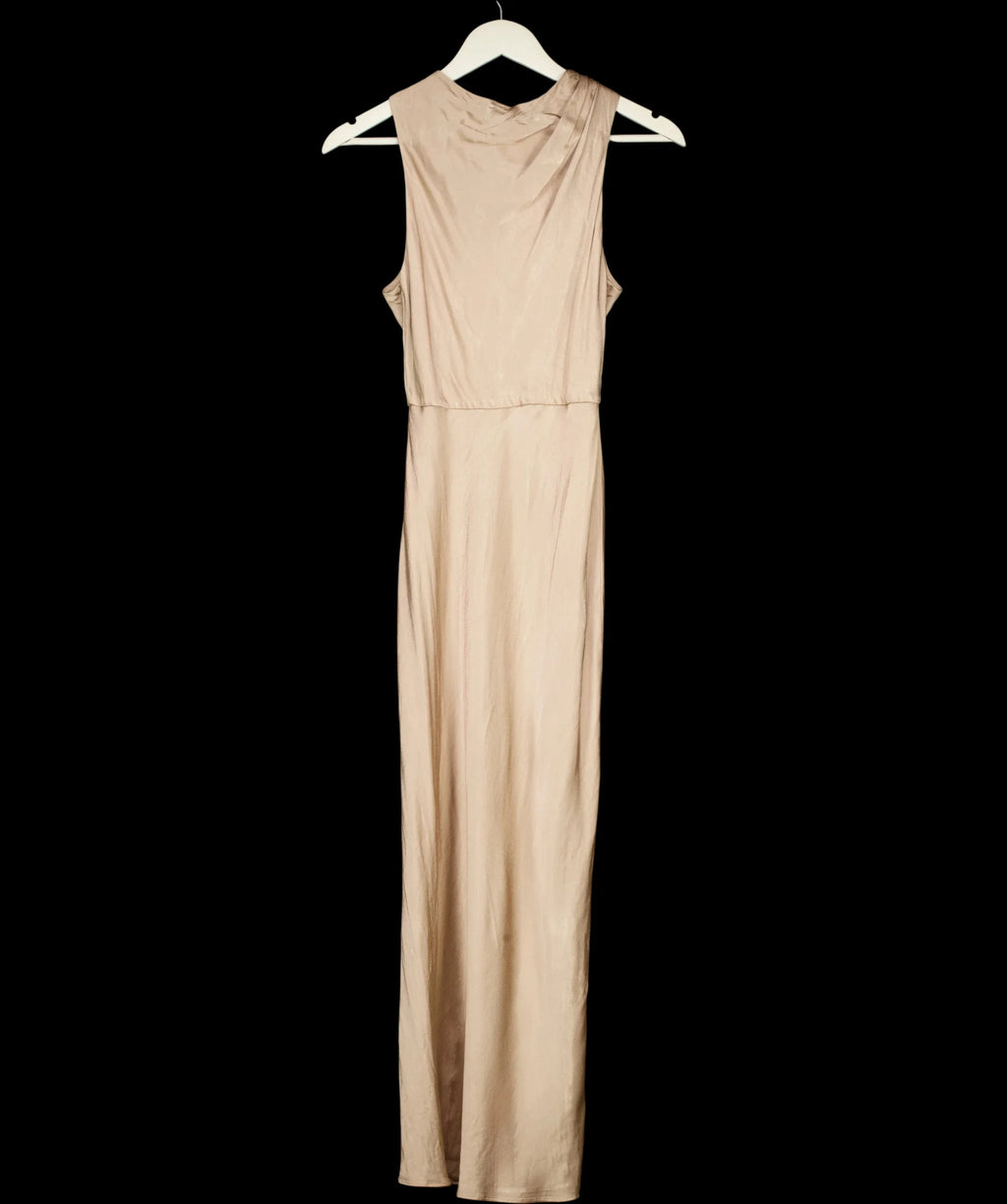 Shona Joy Nude La Lune High Neck Sleeveless Satin Maxi Dress Desert Rose, size UK 8 — detail