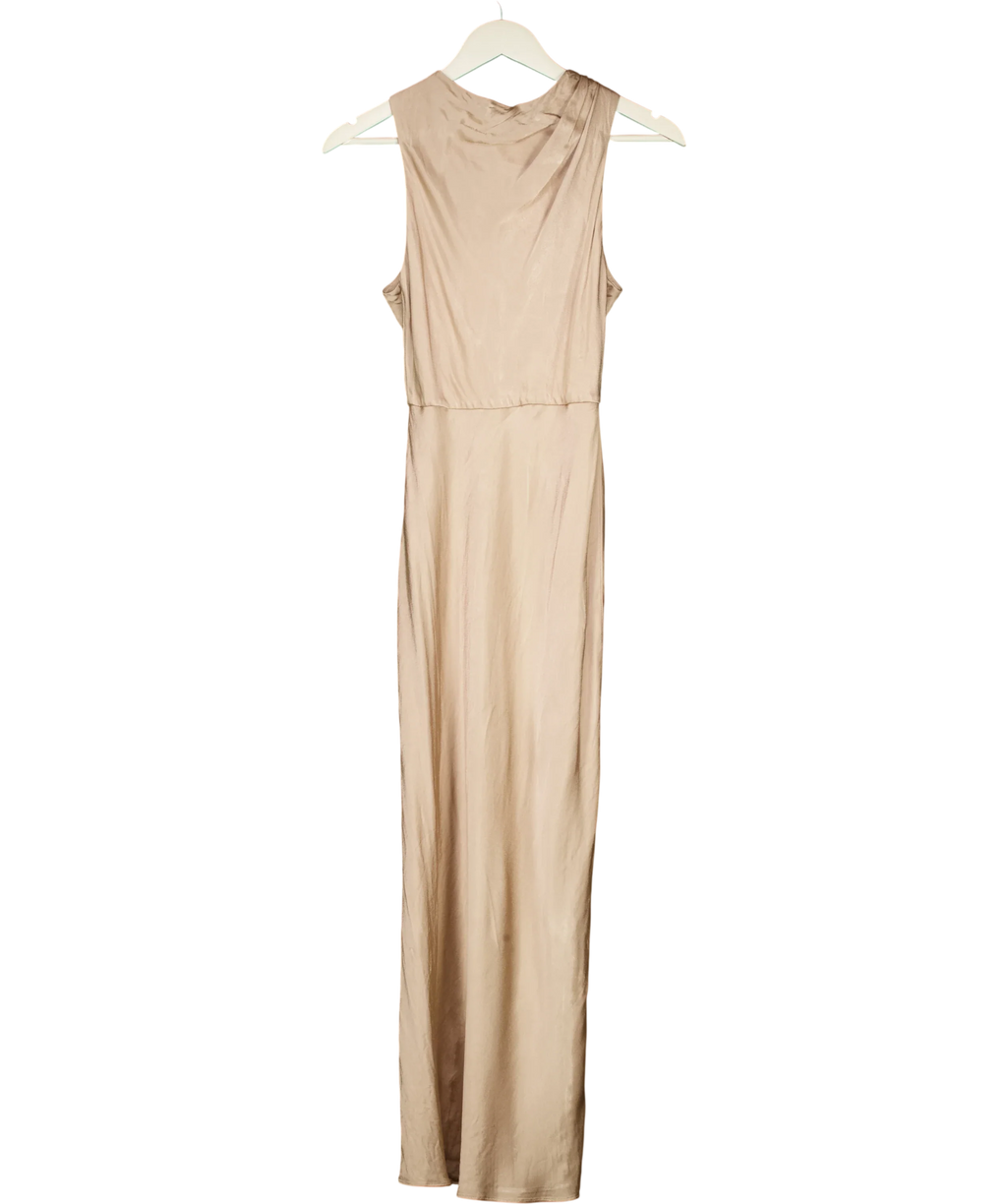 Shona Joy Nude La Lune High Neck Sleeveless Satin Maxi Dress Desert Rose, size UK 8 — front