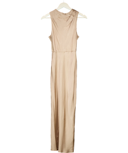 Shona Joy Nude La Lune High Neck Sleeveless Satin Maxi Dress Desert Rose, size UK 8 — front