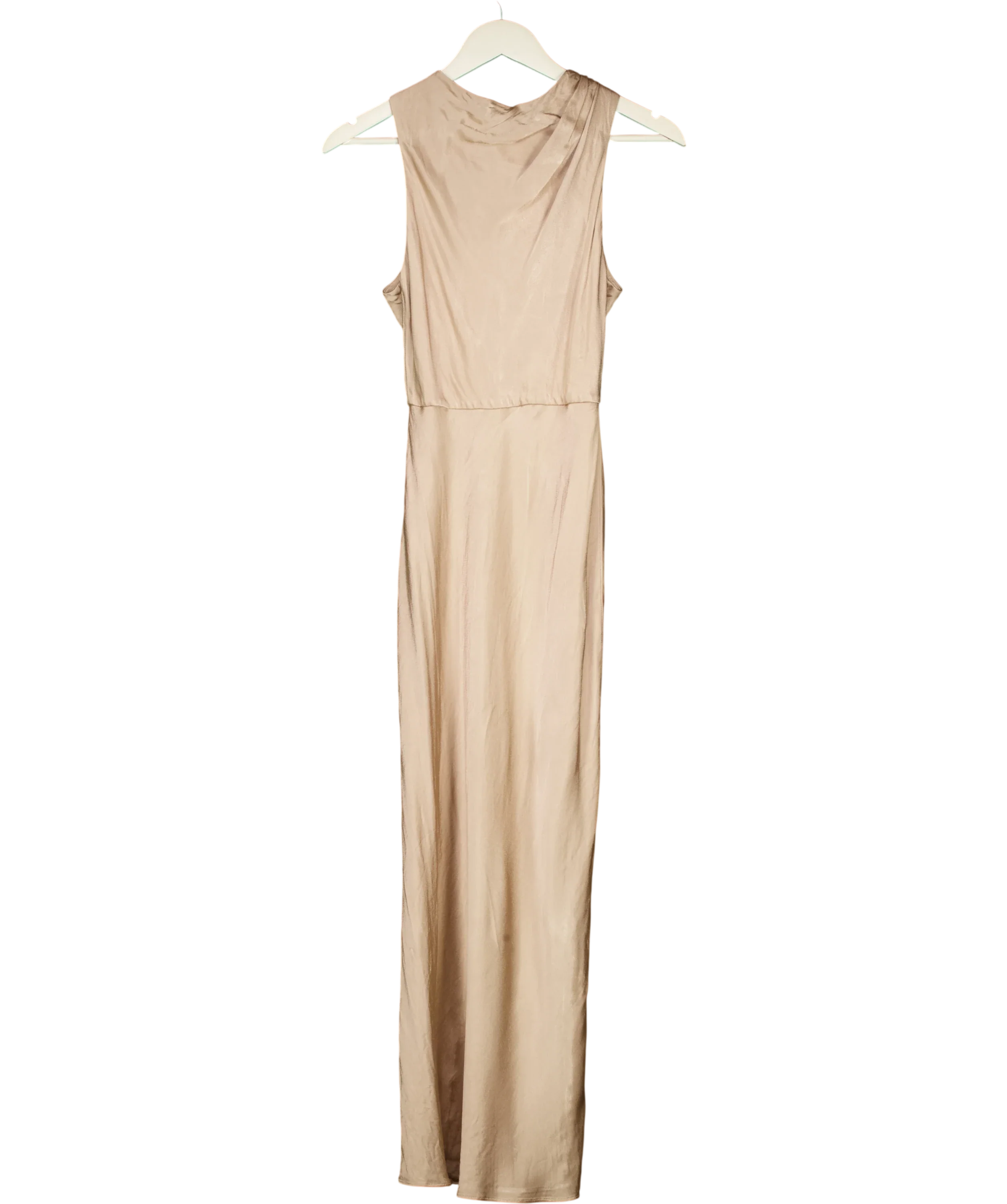 Shona Joy Nude La Lune High Neck Sleeveless Satin Maxi Dress Desert Rose, size UK 8 — front