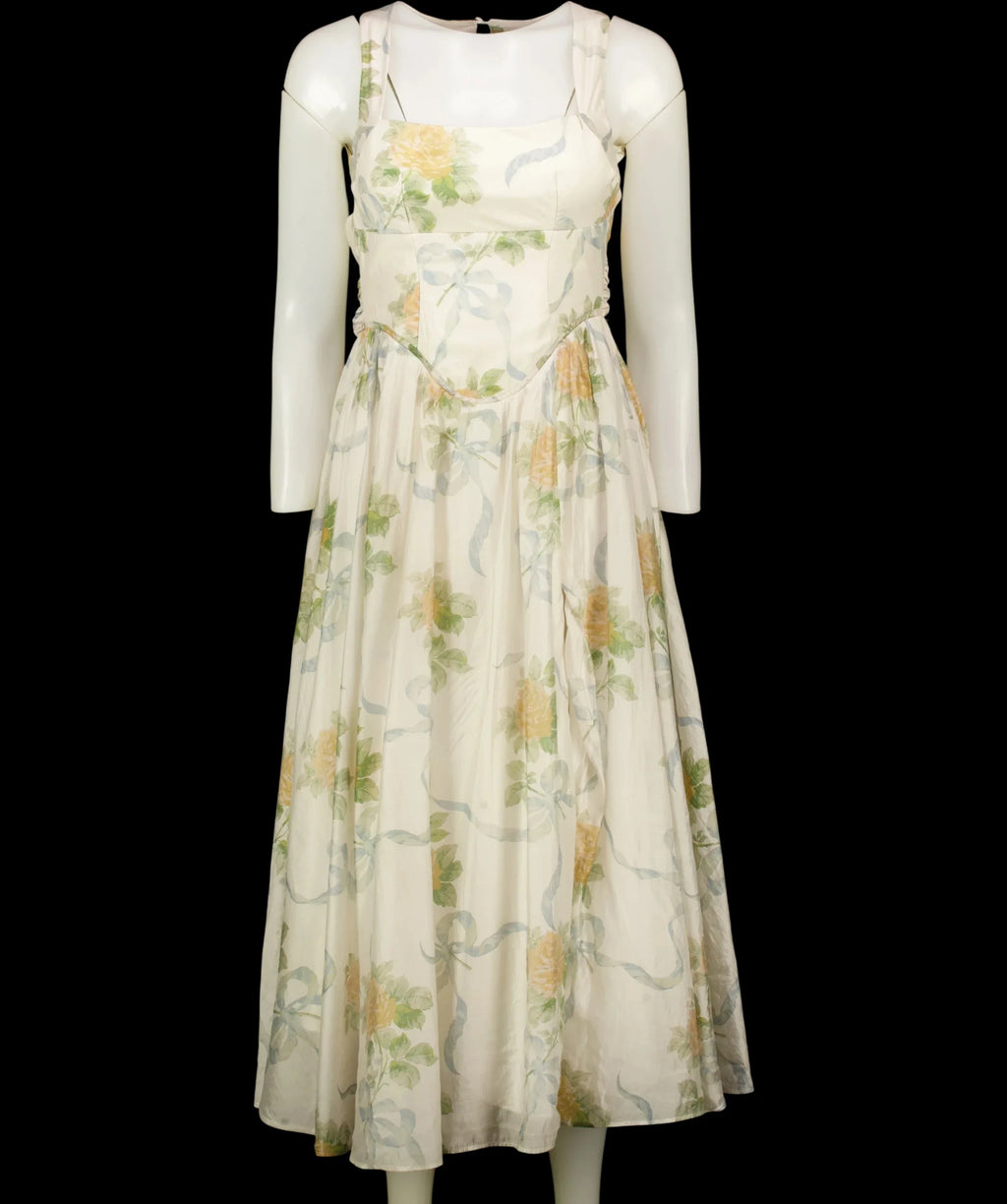 House of CB Yellow Minerva Yellow Rose Chiffon Midi Sundress, size UK XS — detail