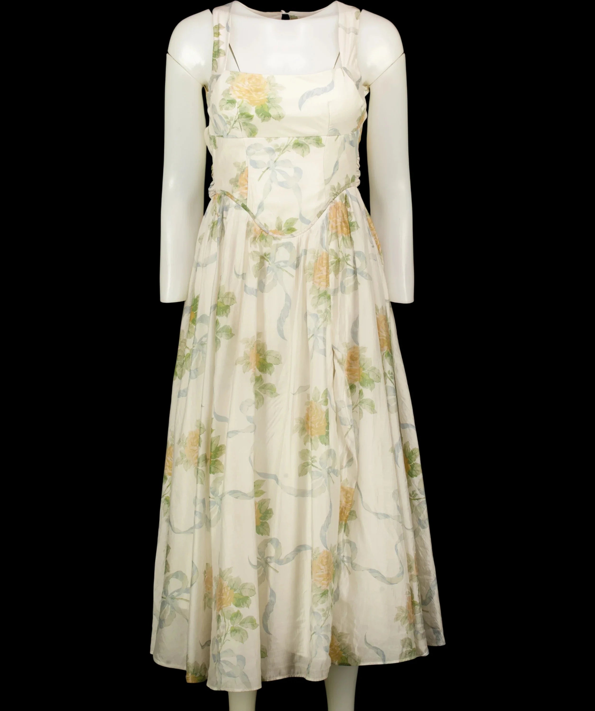 House of CB Yellow Minerva Yellow Rose Chiffon Midi Sundress, size UK XS — detail