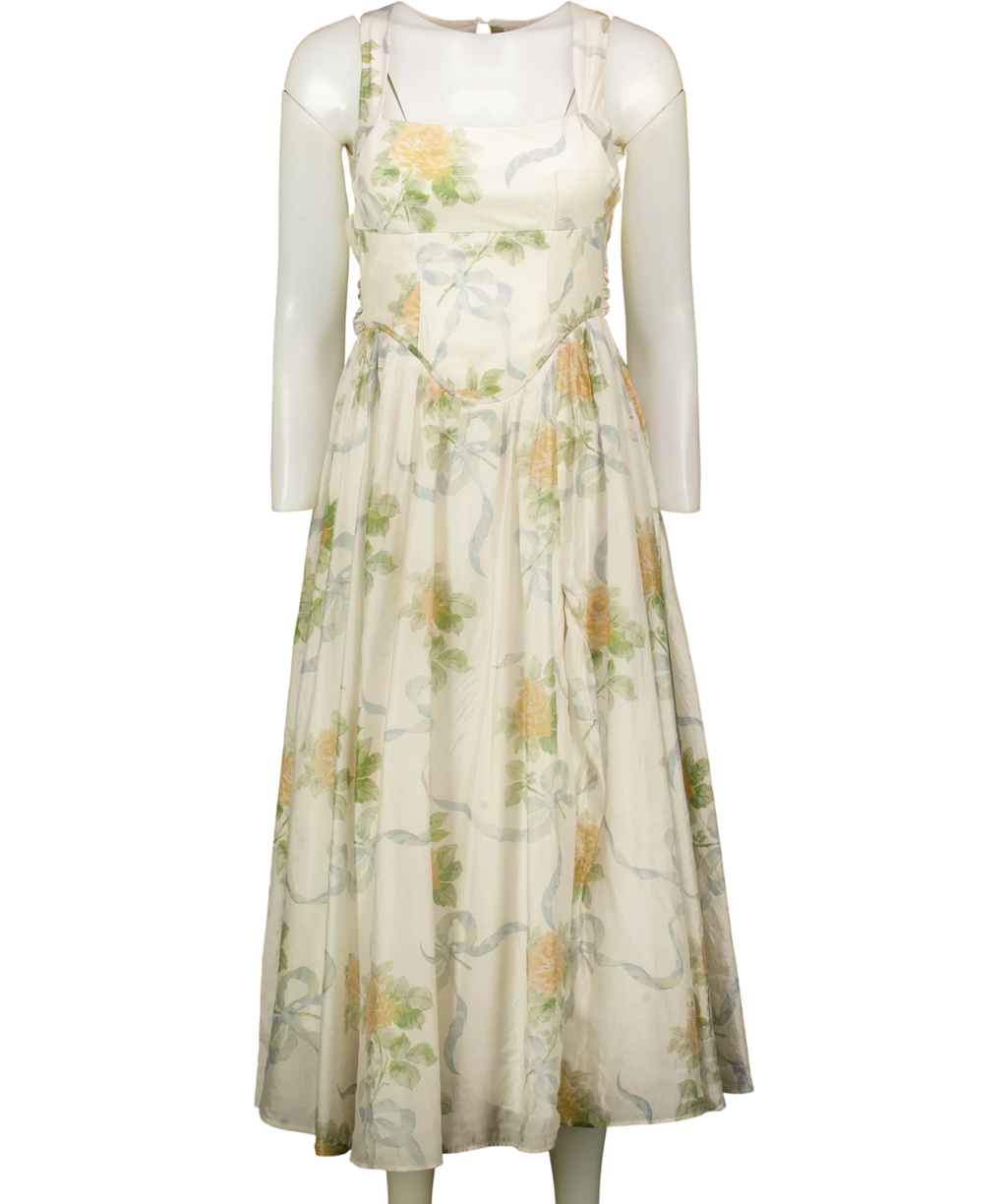 House of CB Yellow Minerva Yellow Rose Chiffon Midi Sundress, size UK XS — front