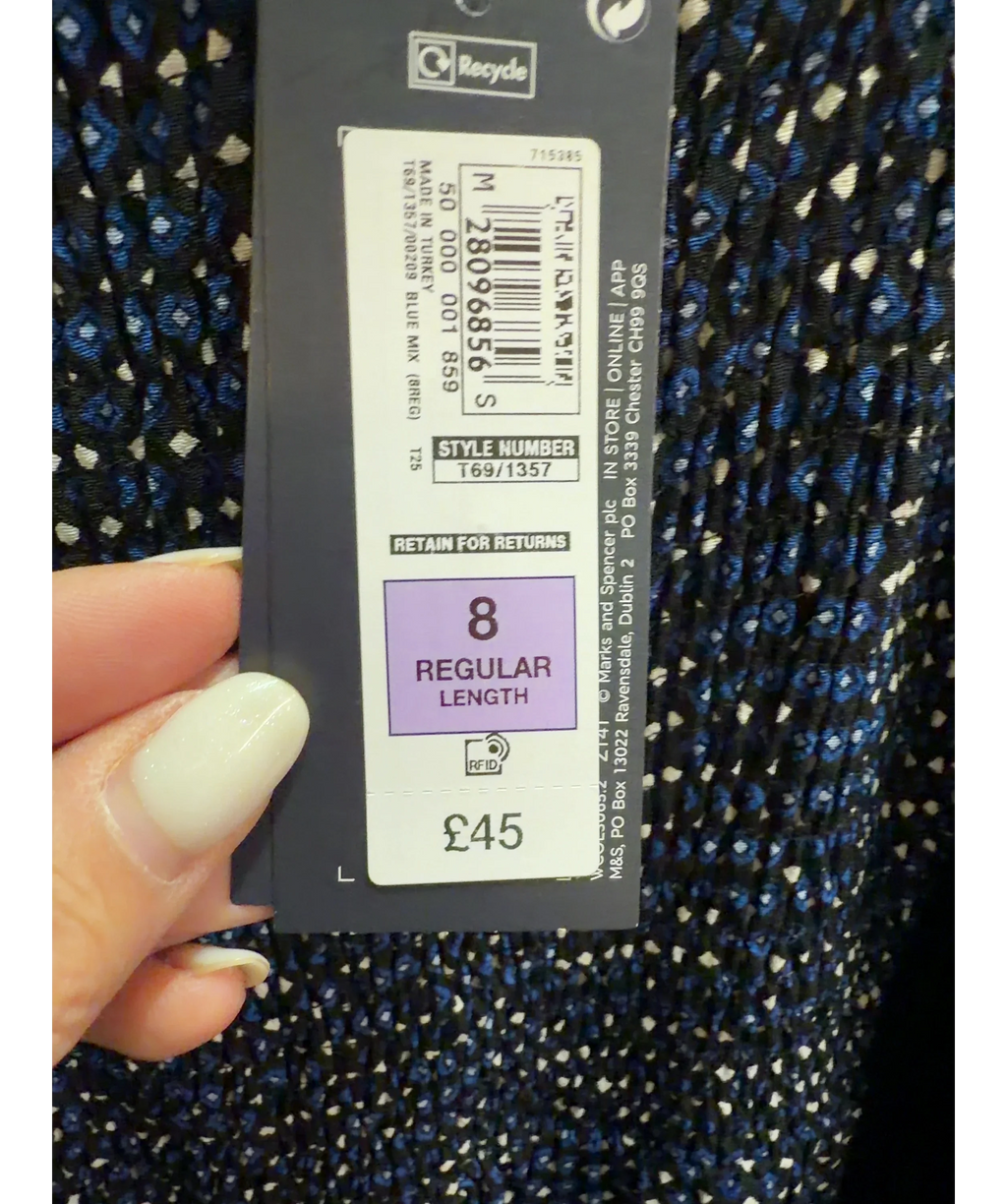 M&S Blue Polka Dot Smocked Midi Dress, size UK 8 — label