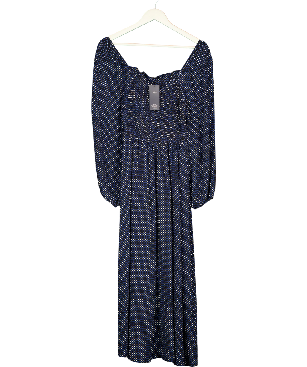 M&S Blue Polka Dot Smocked Midi Dress, size UK 8 — front