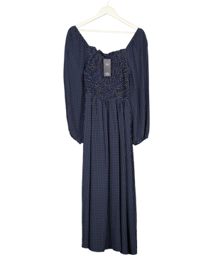 M&S Navy Blue Polka Dot Smocked Midi Dress UK 8
