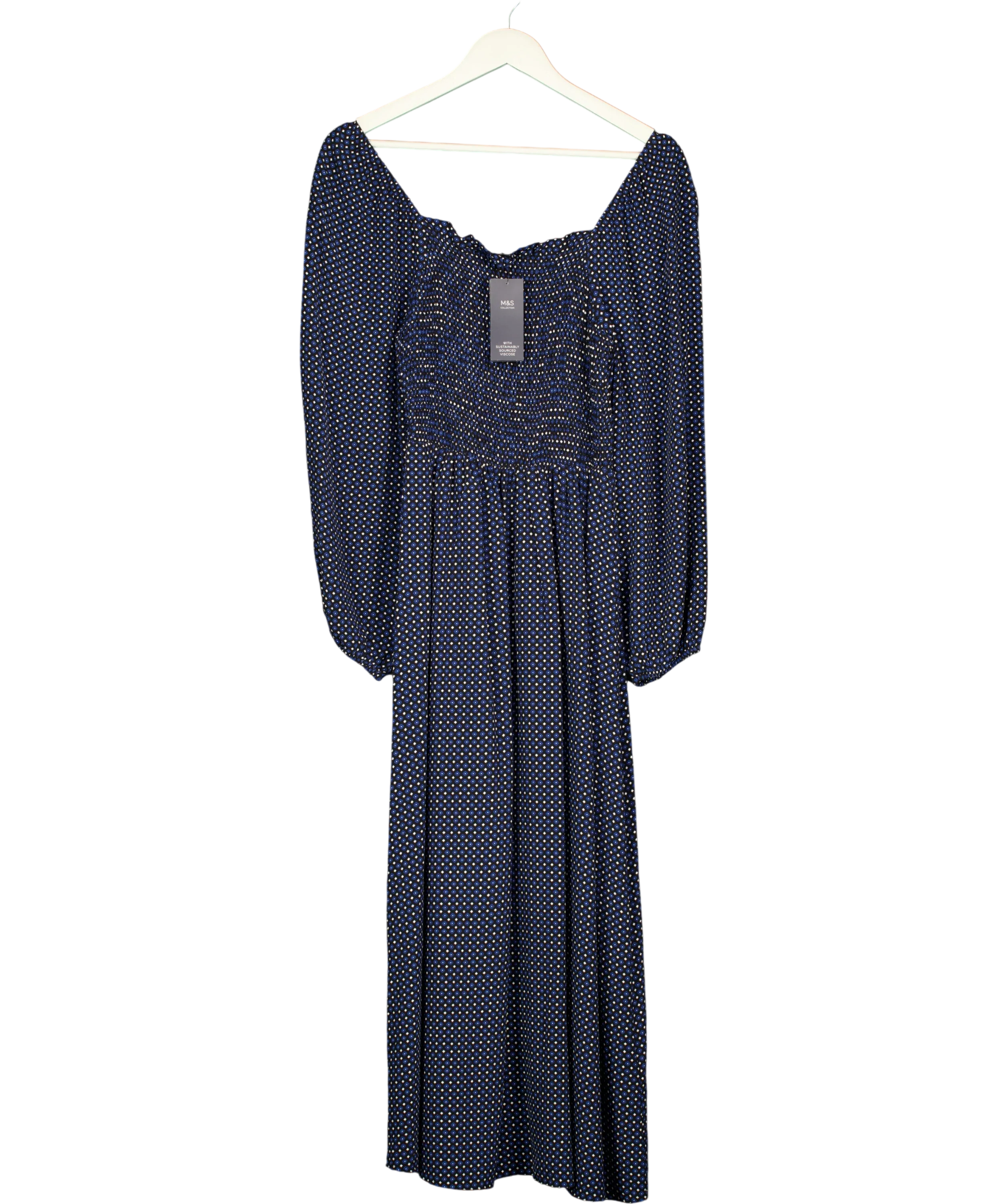 M&S Blue Polka Dot Smocked Midi Dress, size UK 8 — front