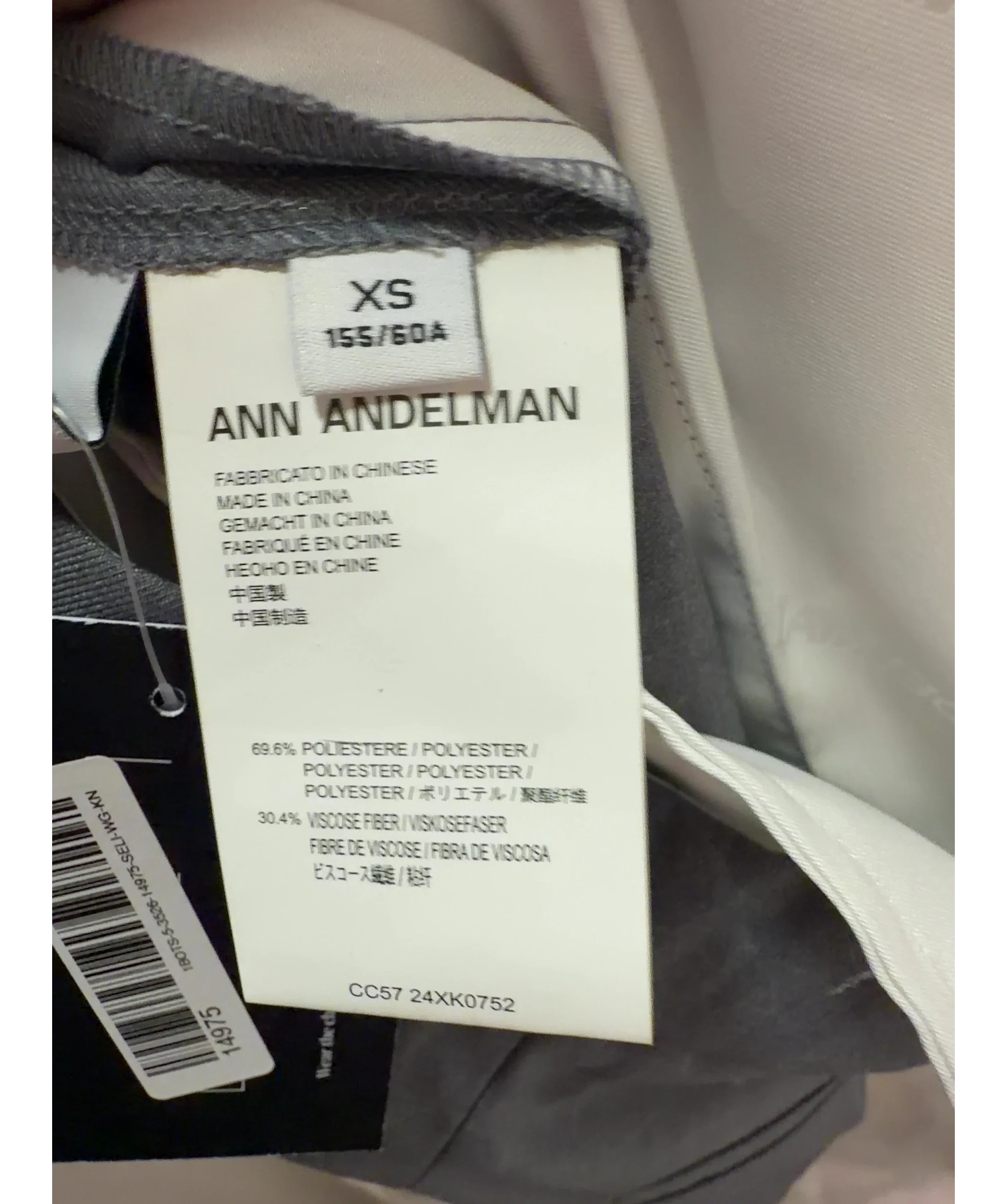 ANN ANDELMAN Grey Grey Asymmetric Pocket Wide Leg Trousers, size UK XS — label