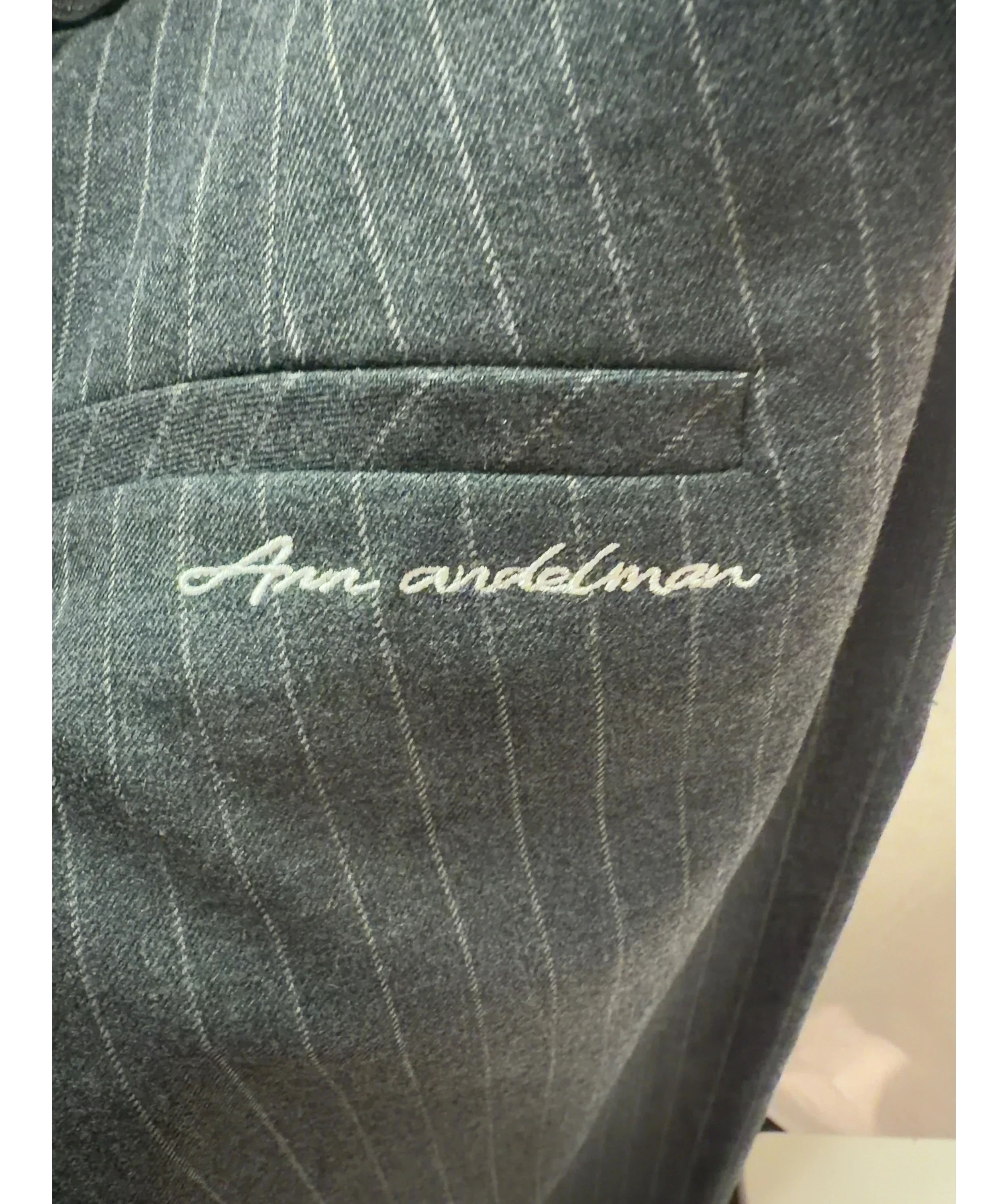 ANN ANDELMAN Grey Charcoal Grey Pinstripe Belted Trousers, size UK XS — detail
