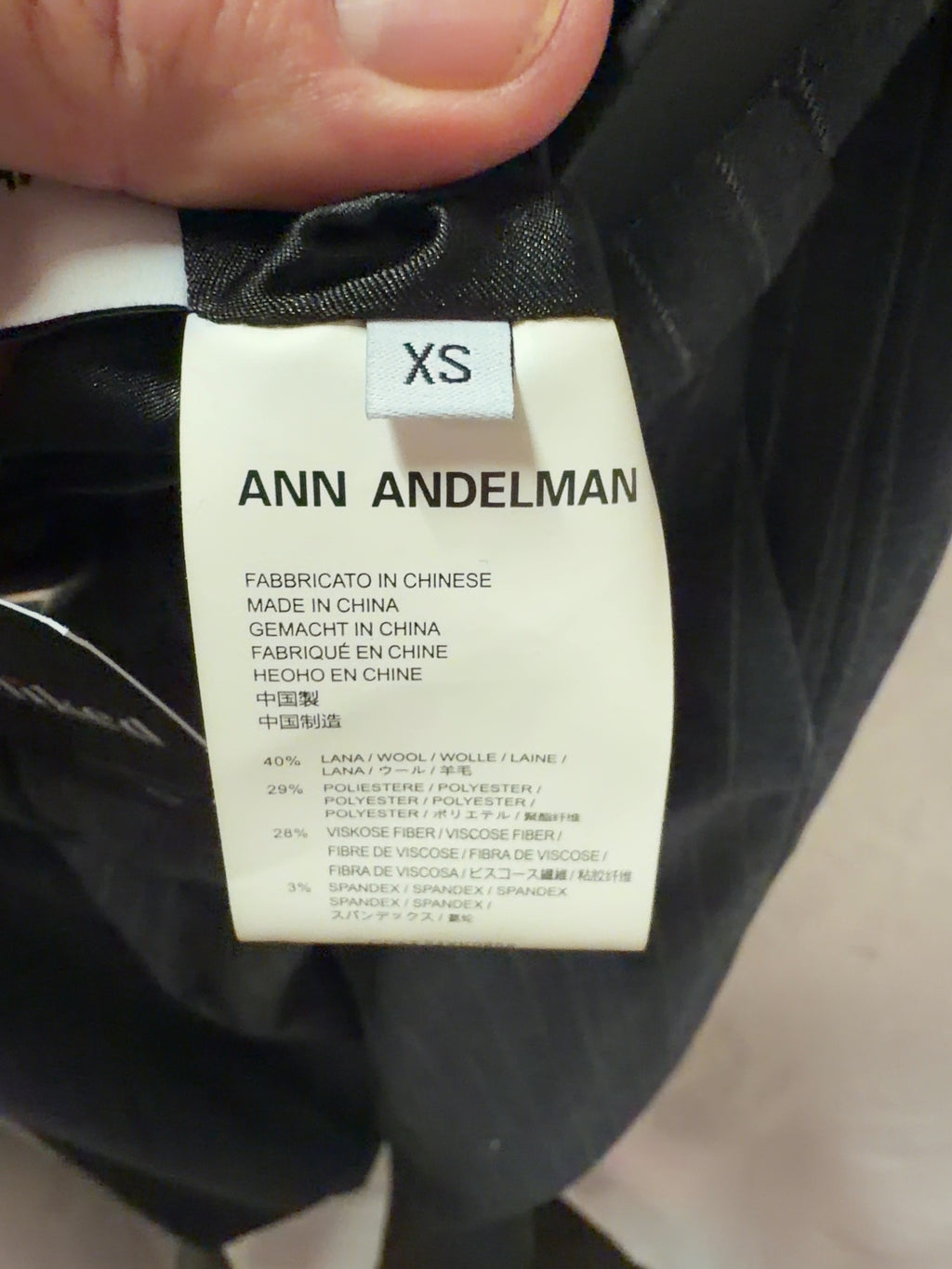 ANN ANDELMAN Grey Charcoal Grey Pinstripe Belted Trousers, size UK XS — care label