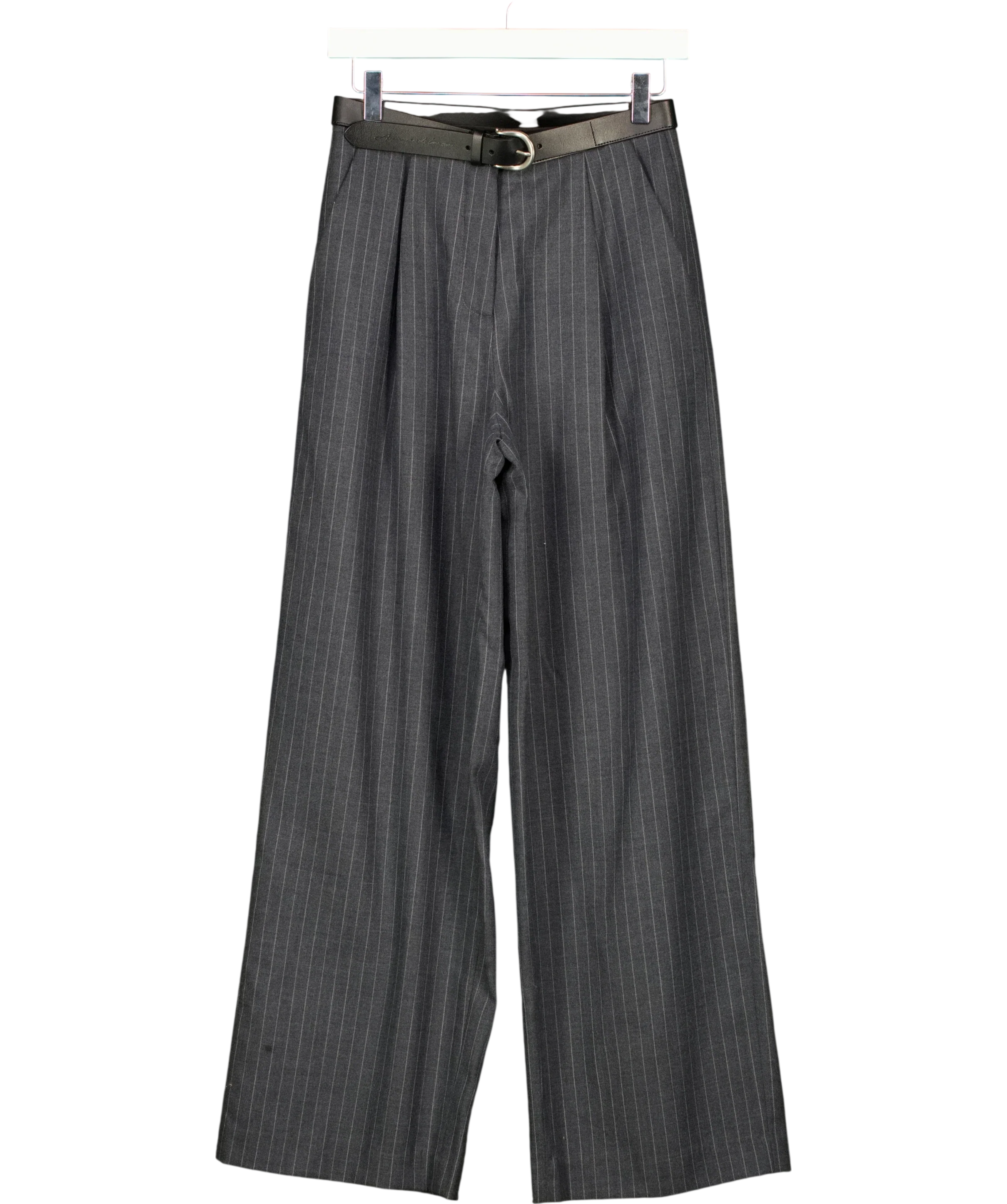 ANN ANDELMAN Grey Charcoal Grey Pinstripe Belted Trousers, size UK XS — front