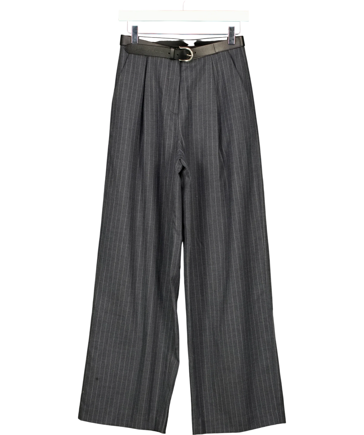 ANN ANDELMAN Grey Charcoal Grey Pinstripe Belted Trousers, size UK XS — front