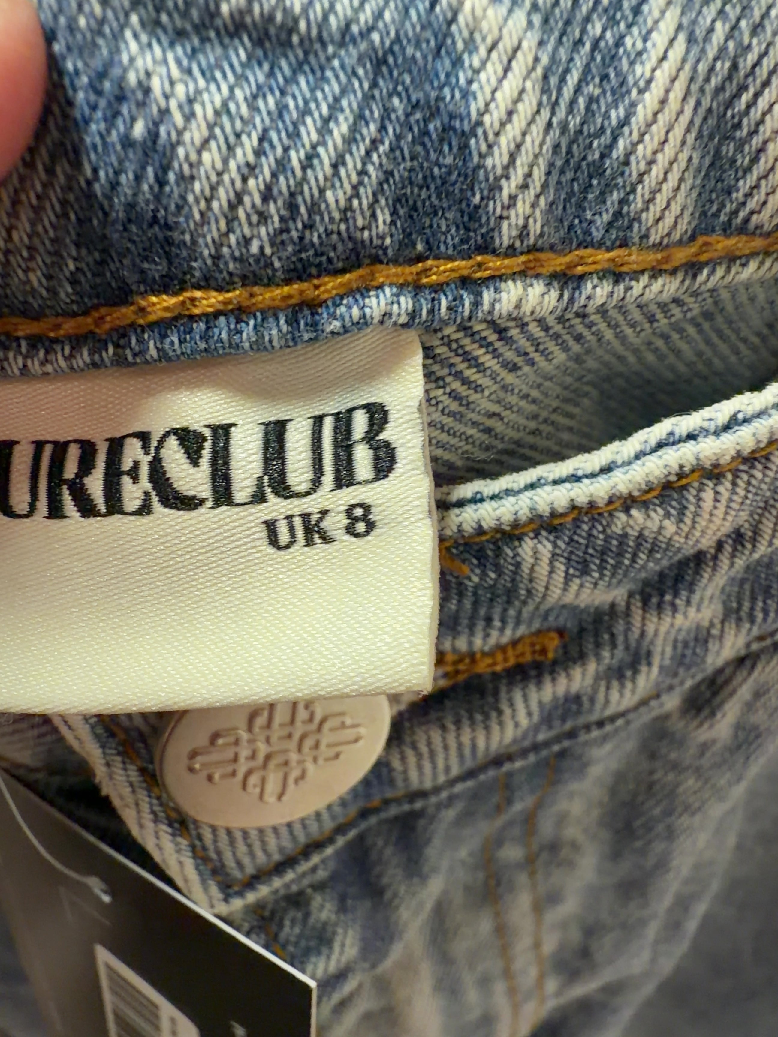 The Couture Club Blue Light Wash Fold Over Hem Wide Leg Jean, size UK 8 — care label