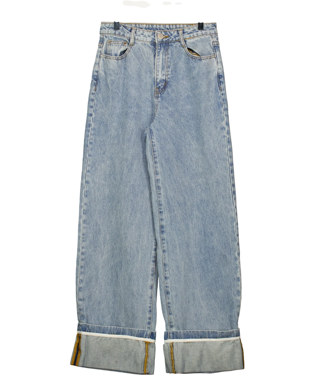 The Couture Club Blue Light Wash Fold Over Hem Wide Leg Jean, size UK 8 — front