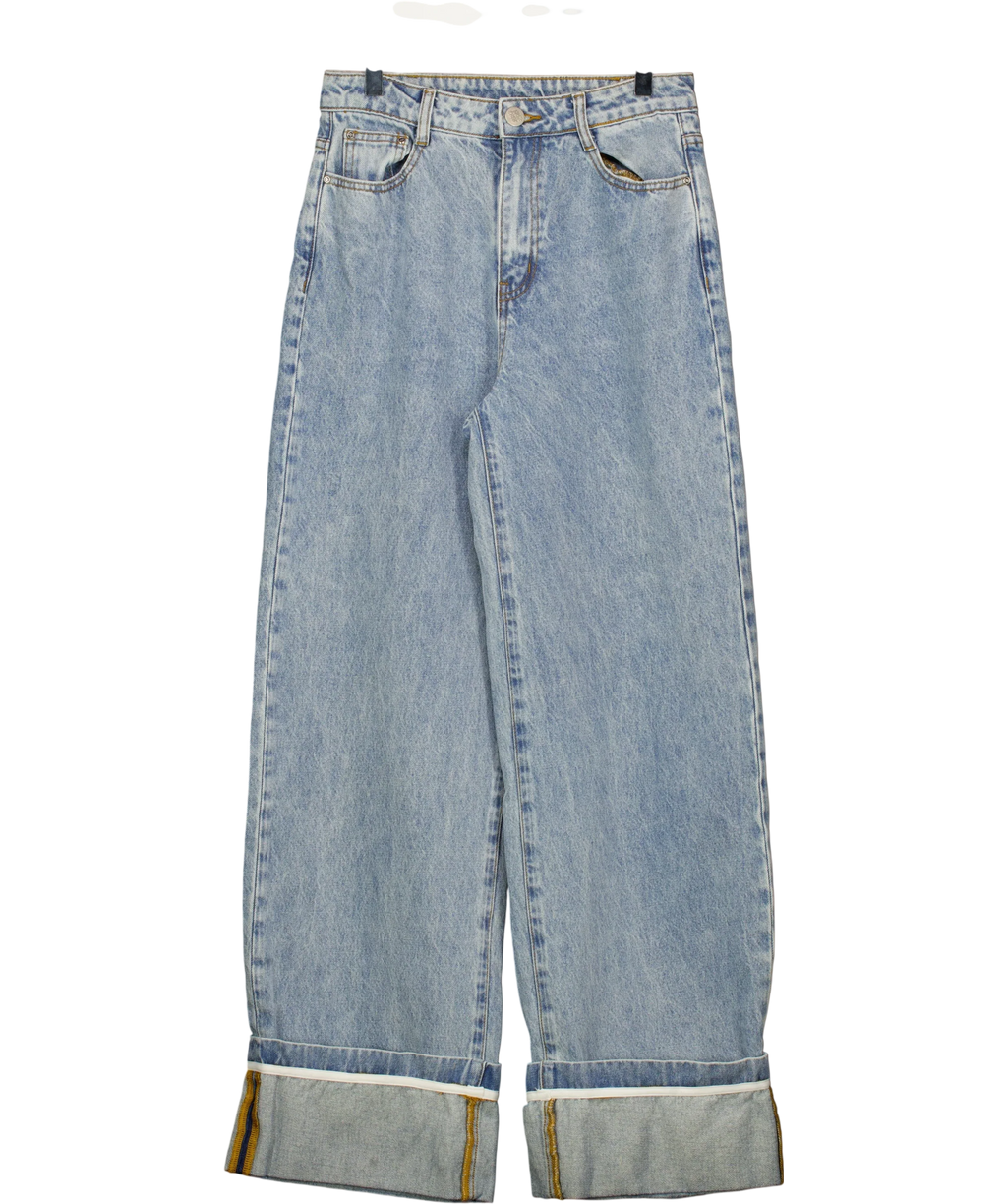 The Couture Club Blue Light Wash Fold Over Hem Wide Leg Jean, size UK 8 — front